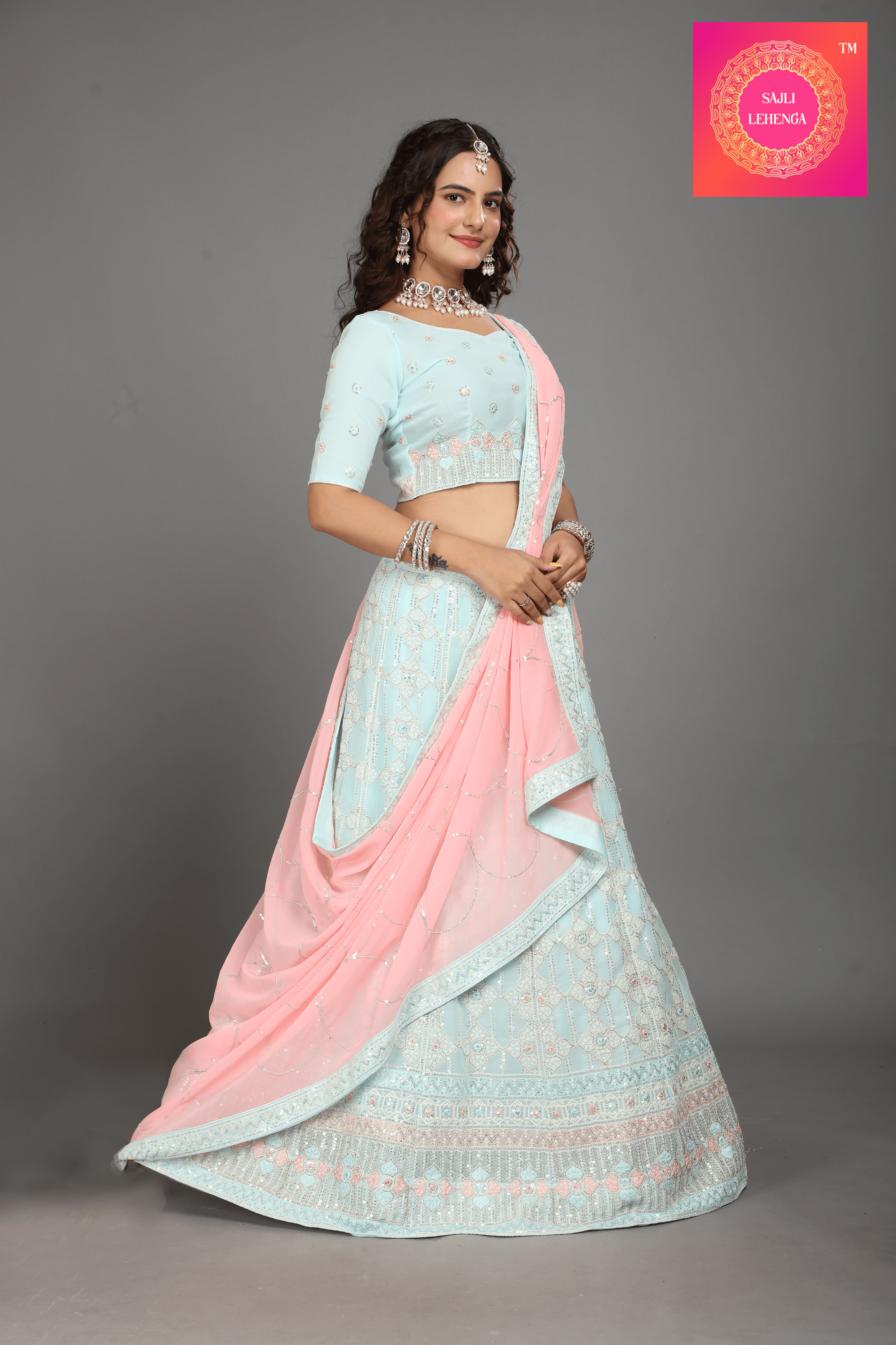 Sajli Sky Blue Georgette Lehenga With Pink Dupatta S12