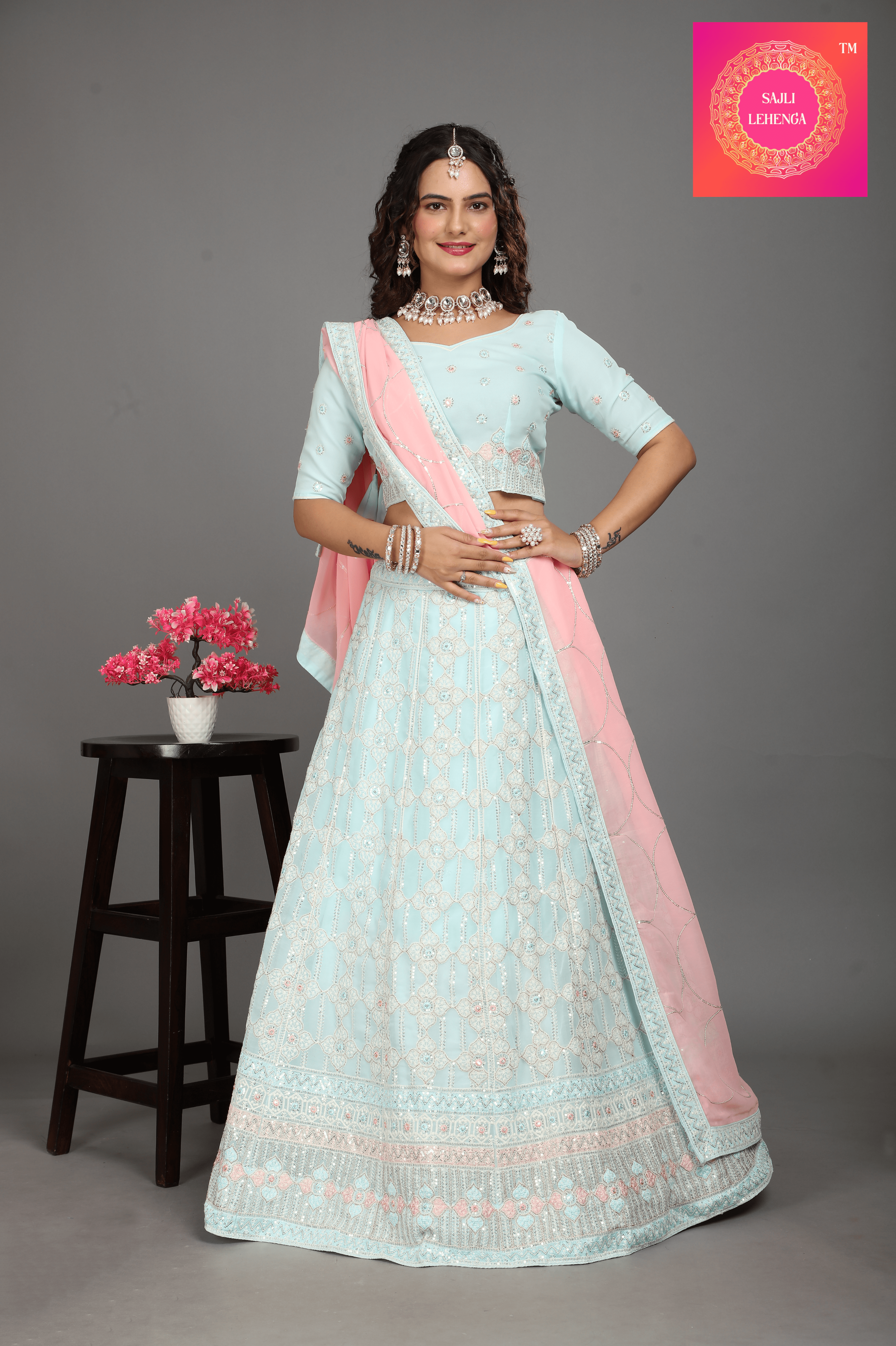 Sajli Sky Blue Georgette Lehenga With Pink Dupatta S12