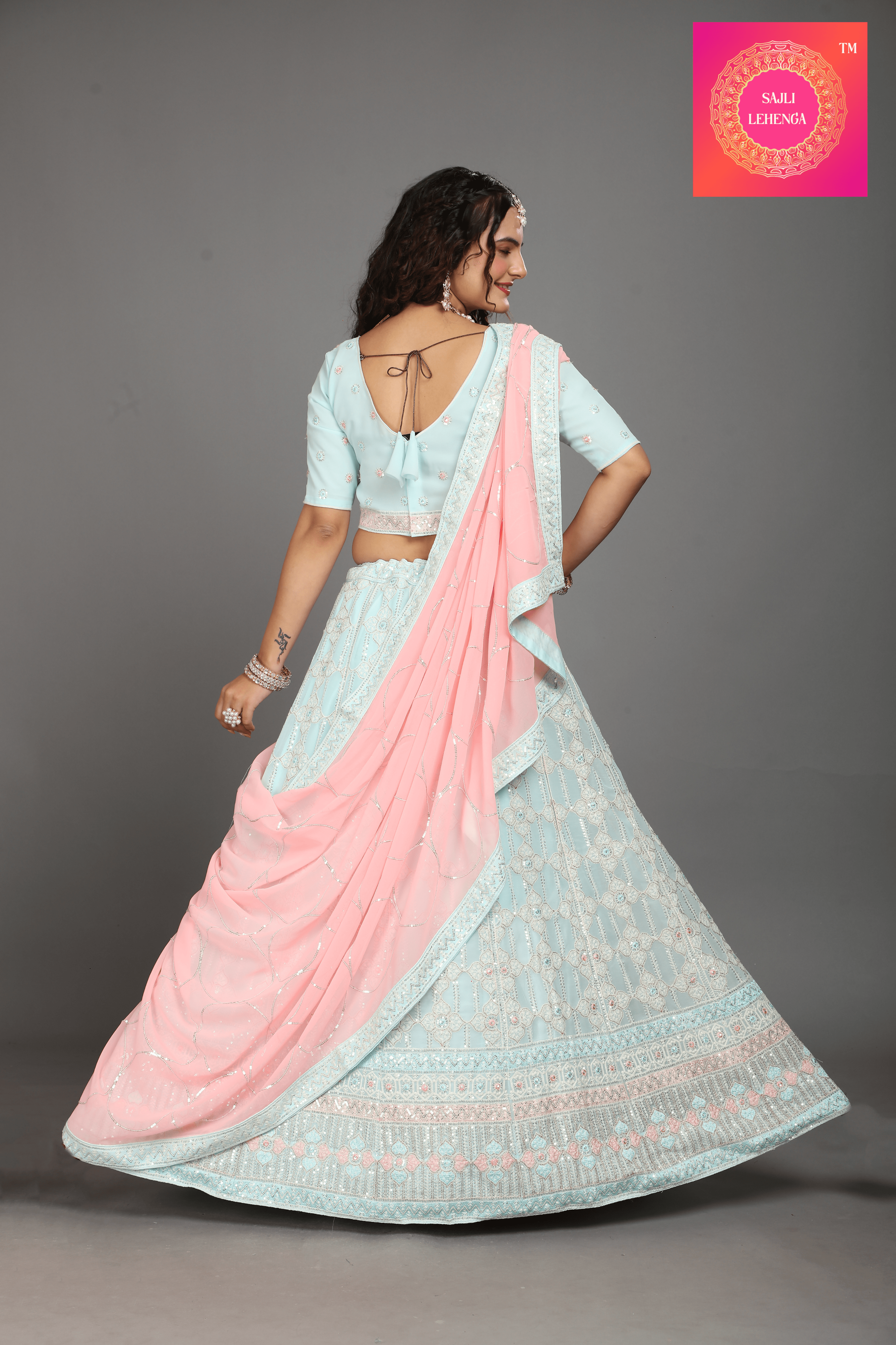 Sajli Sky Blue Georgette Lehenga With Pink Dupatta S12