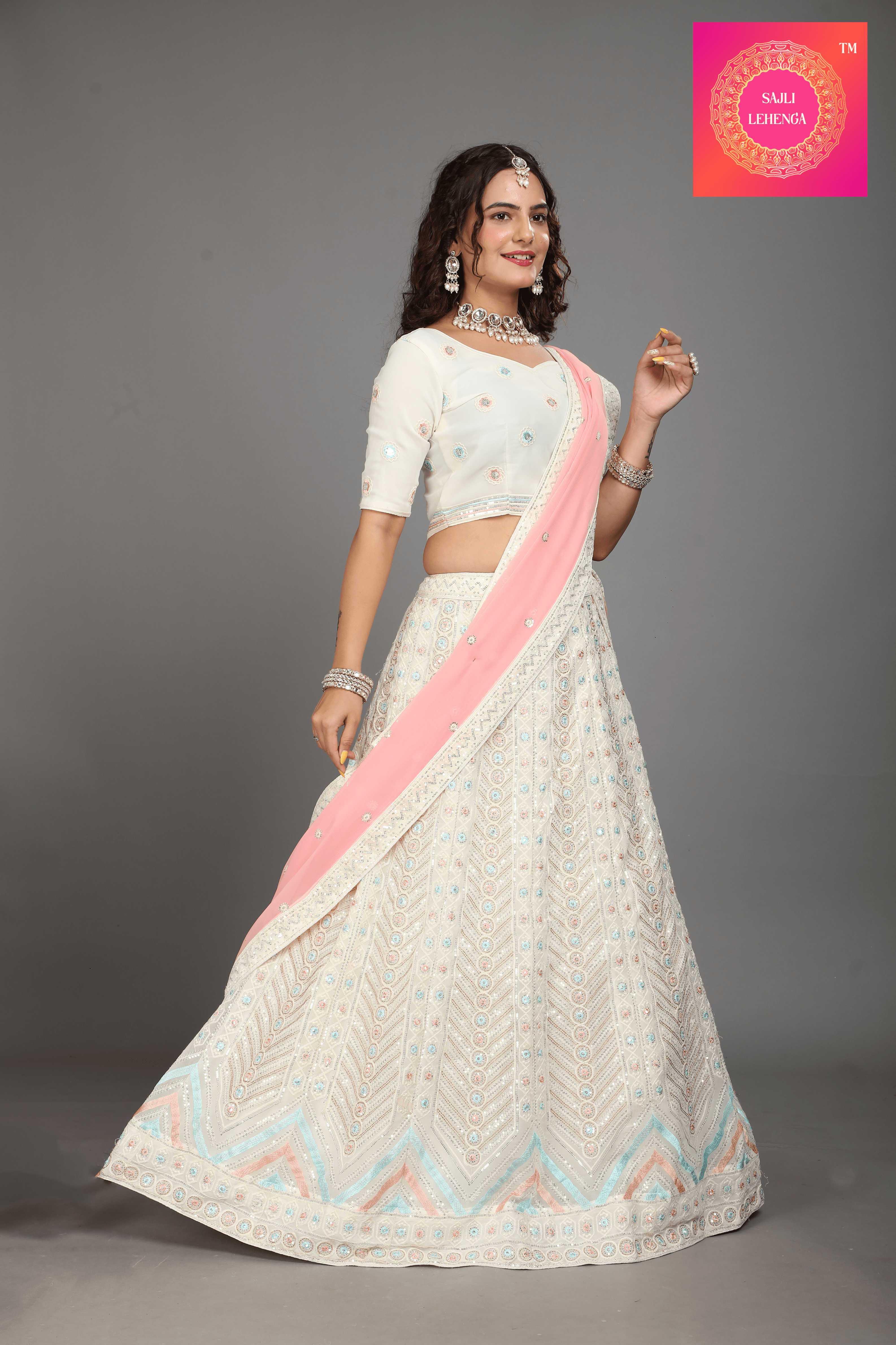 Sajli White Georgette Lehenga With Pink Georgette Dupatta S10