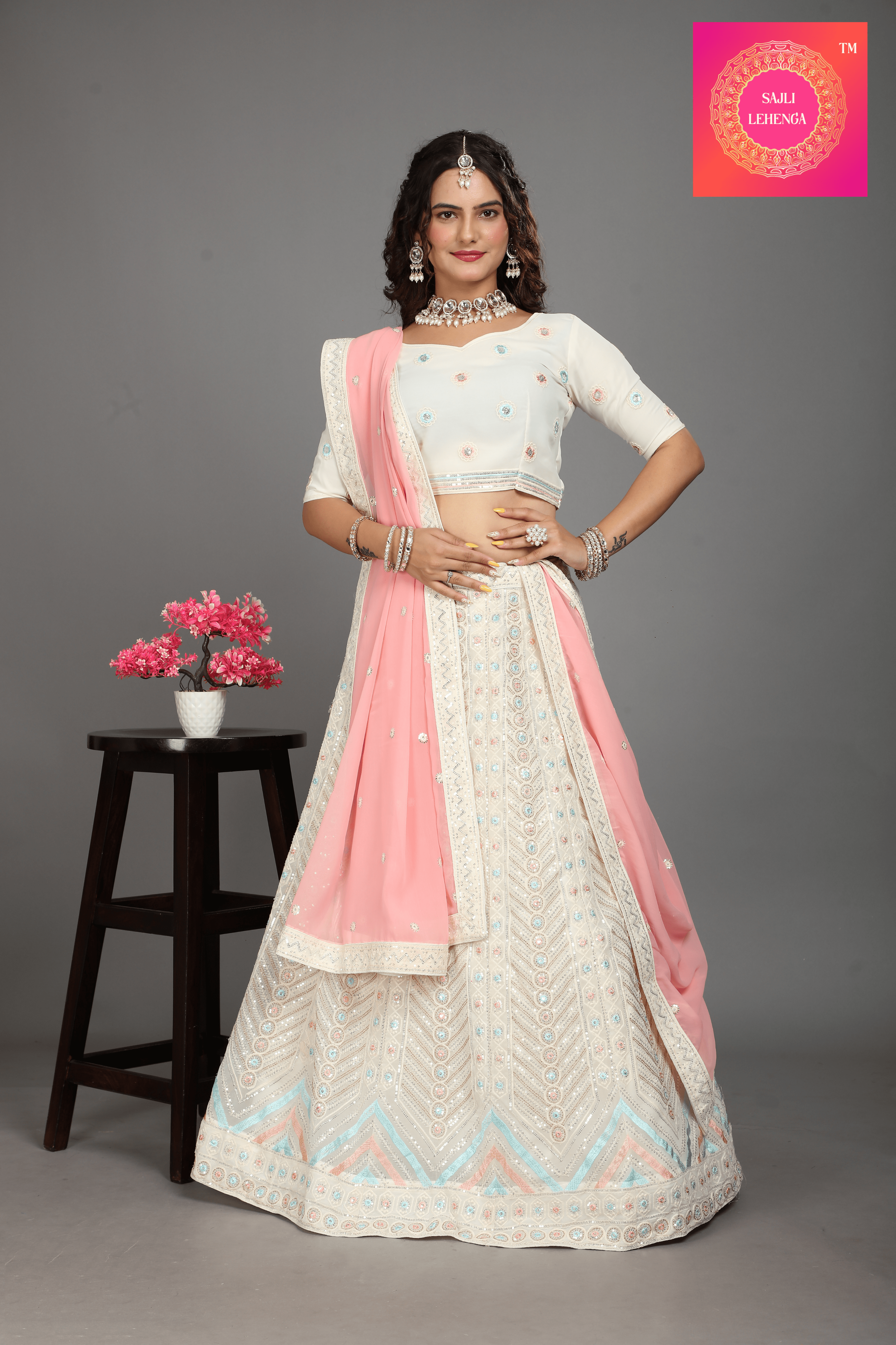 Sajli White Georgette Lehenga With Pink Georgette Dupatta S10