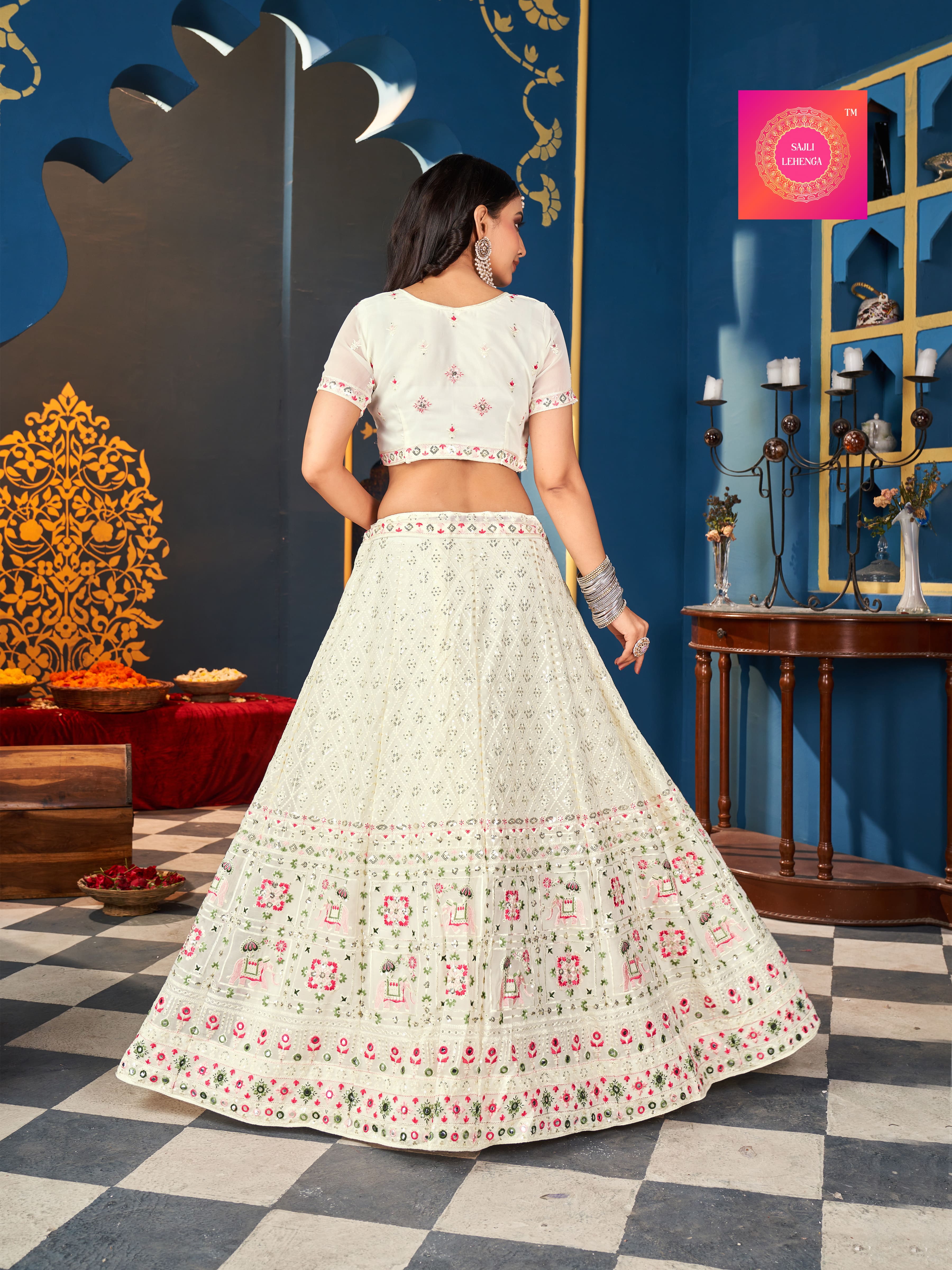 Sajli White Georgette Elephant Embroidery Sequence Design thread work Lehenga Choli S1