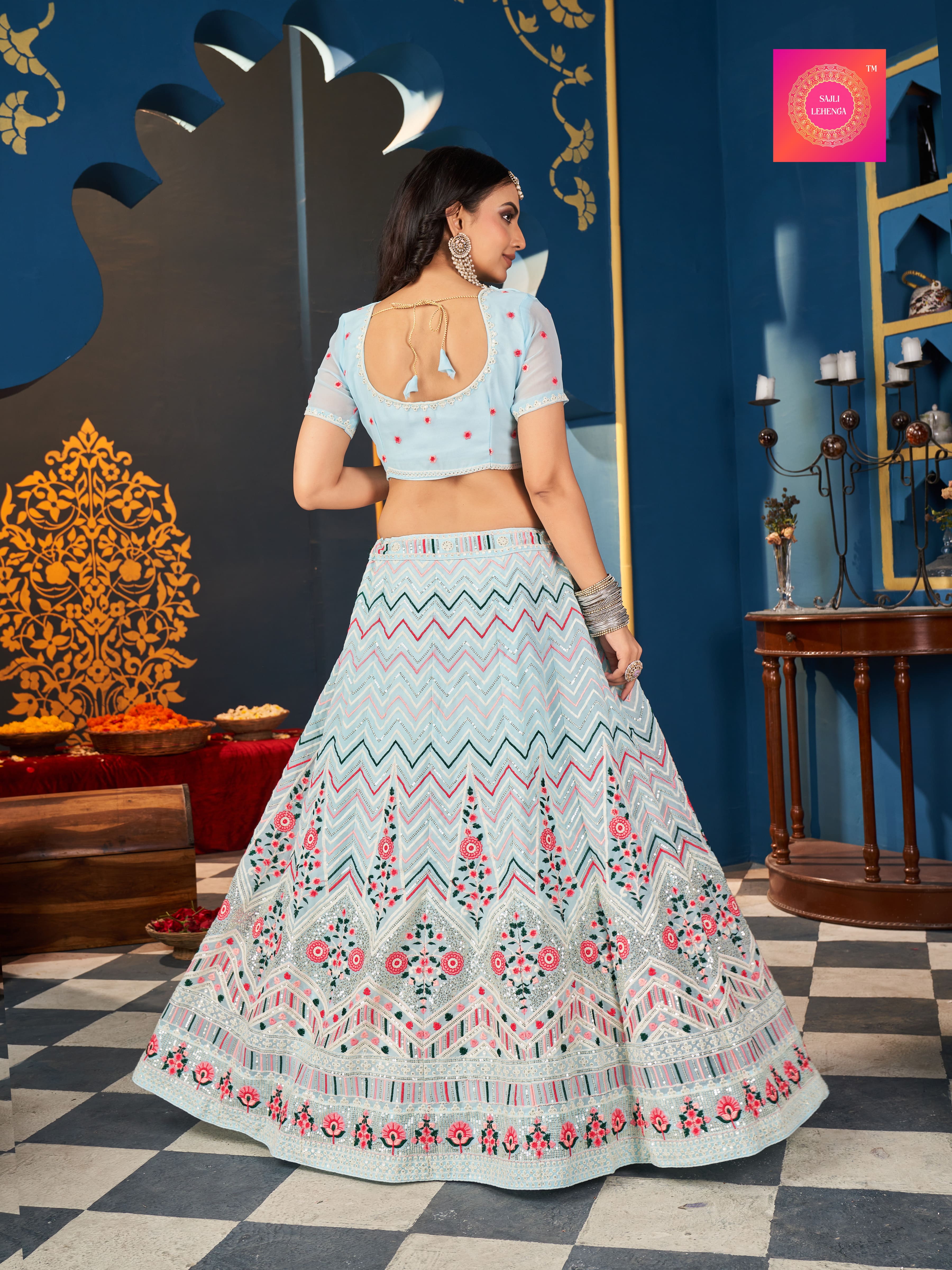 Sajli Georgette Sky and Pink Sequence Embroidery thread Work Lehenga Choli S2