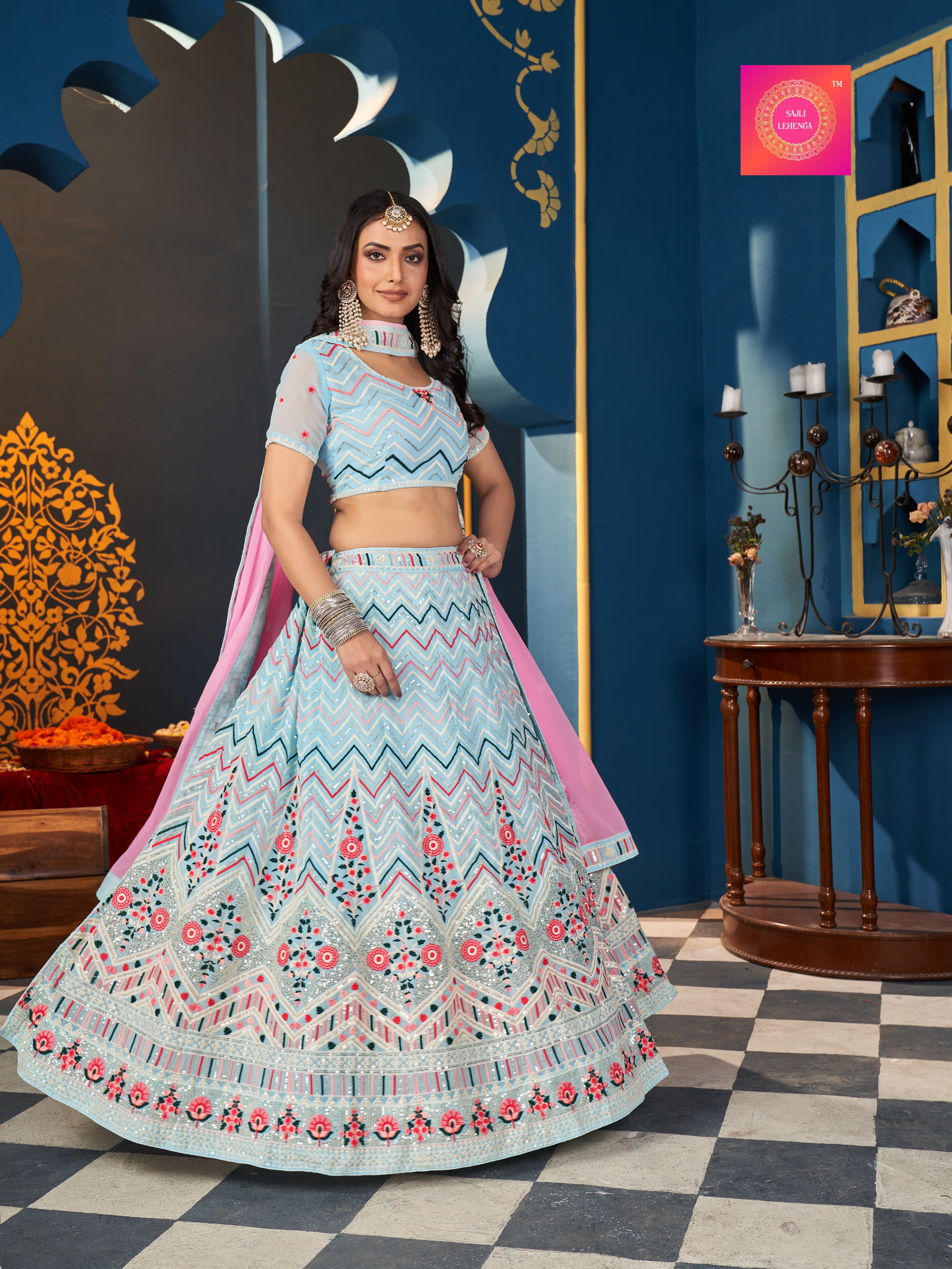 Sajli Georgette Sky and Pink Sequence Embroidery thread Work Lehenga Choli S2