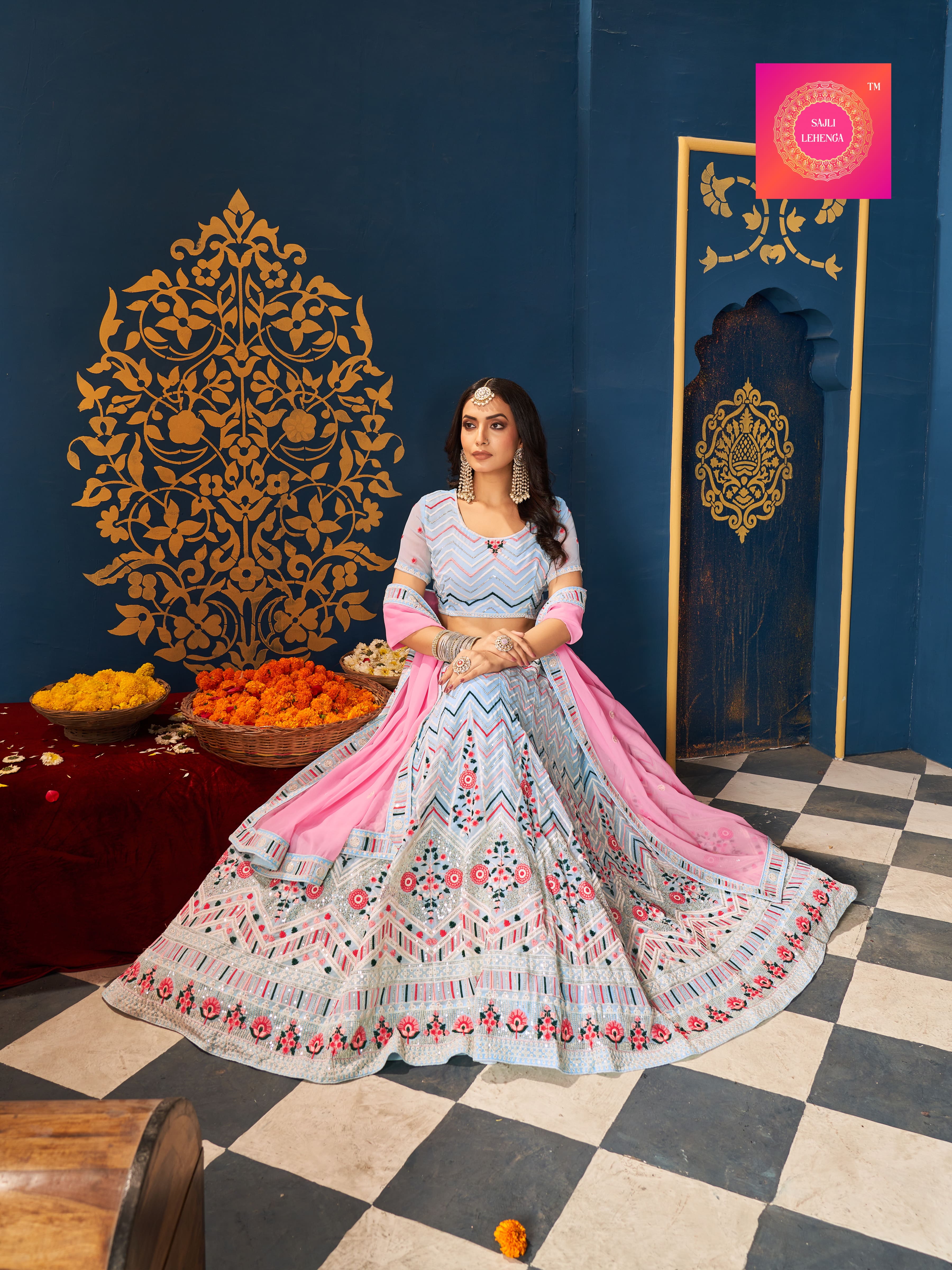 Sajli Georgette Sky and Pink Sequence Embroidery thread Work Lehenga Choli S2