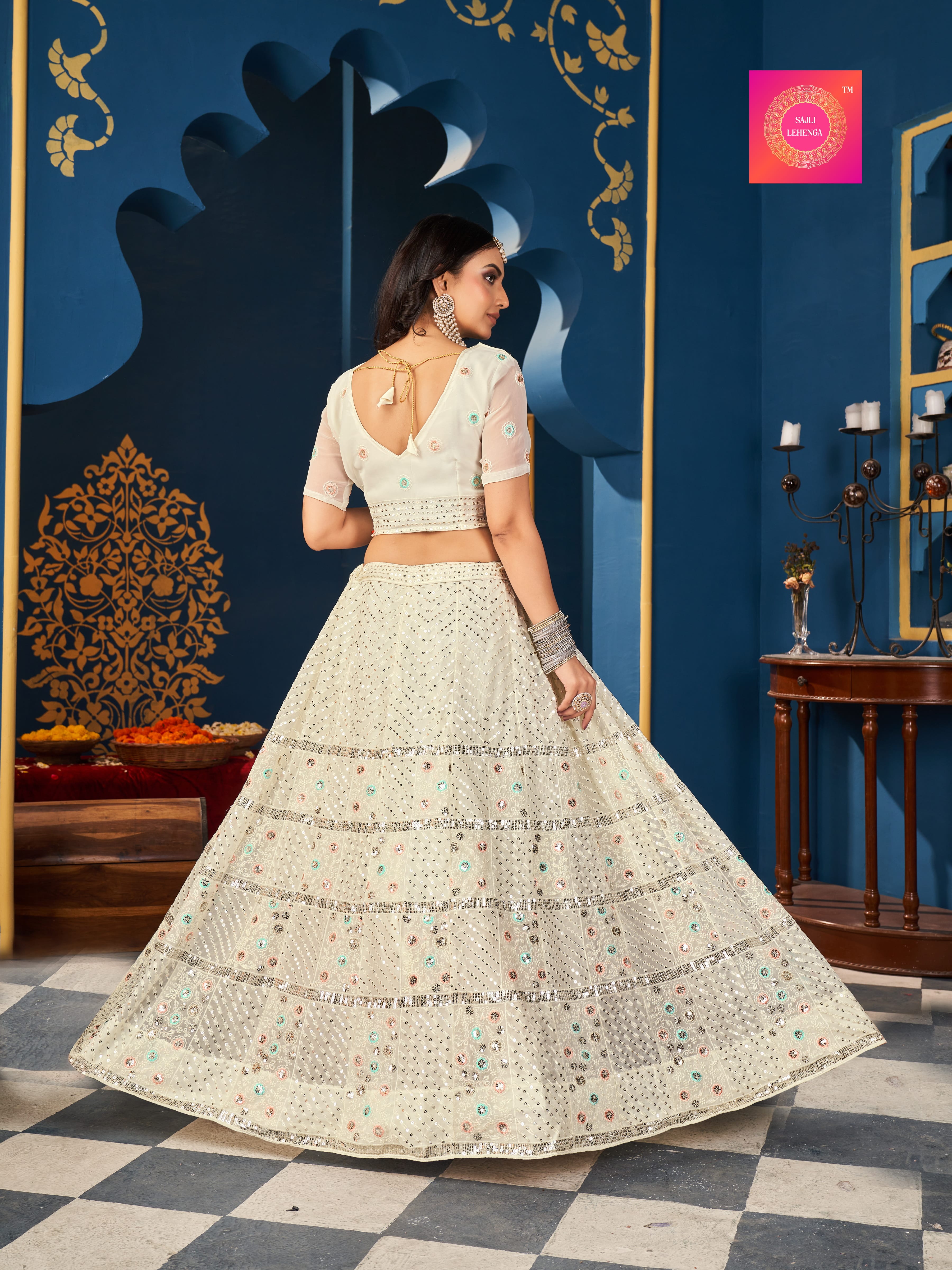 Sajli Georgette White and Pink Embroidery sequence thread work Lehenga Choli S3