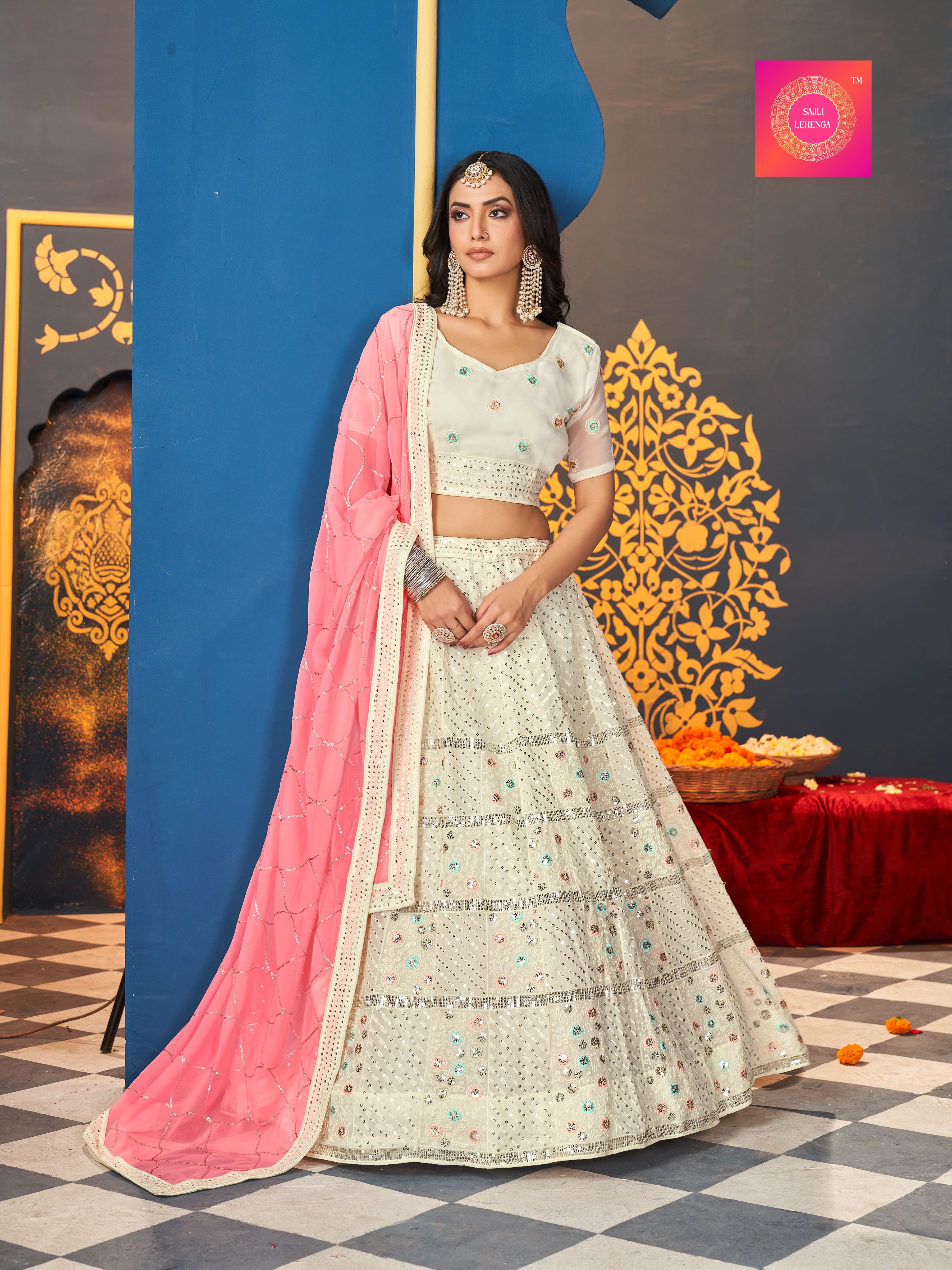 Sajli Georgette White and Pink Embroidery sequence thread work Lehenga Choli S3