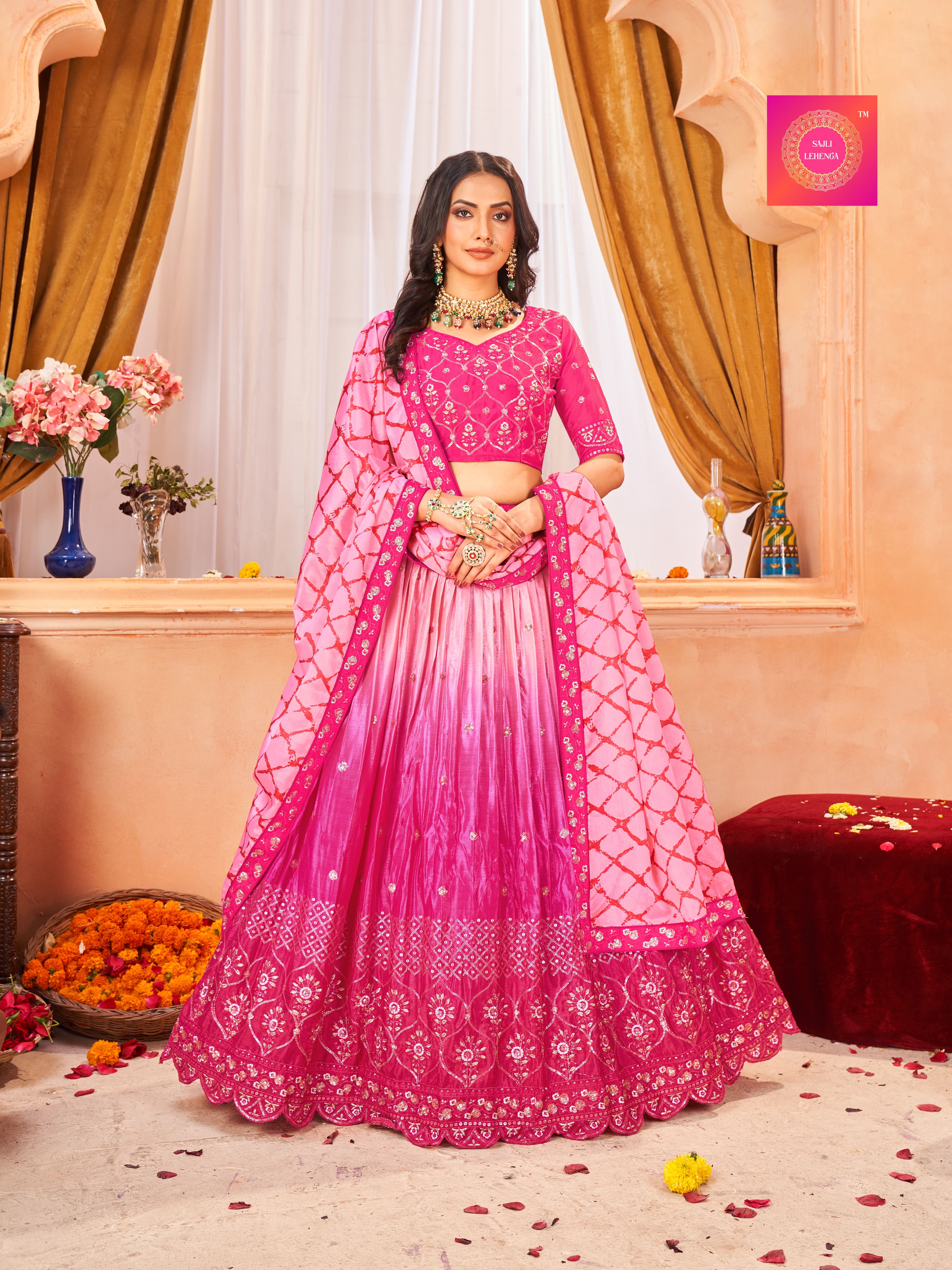 Sajli Pink Chinon Lehenga with Digital Print Dupatta S5