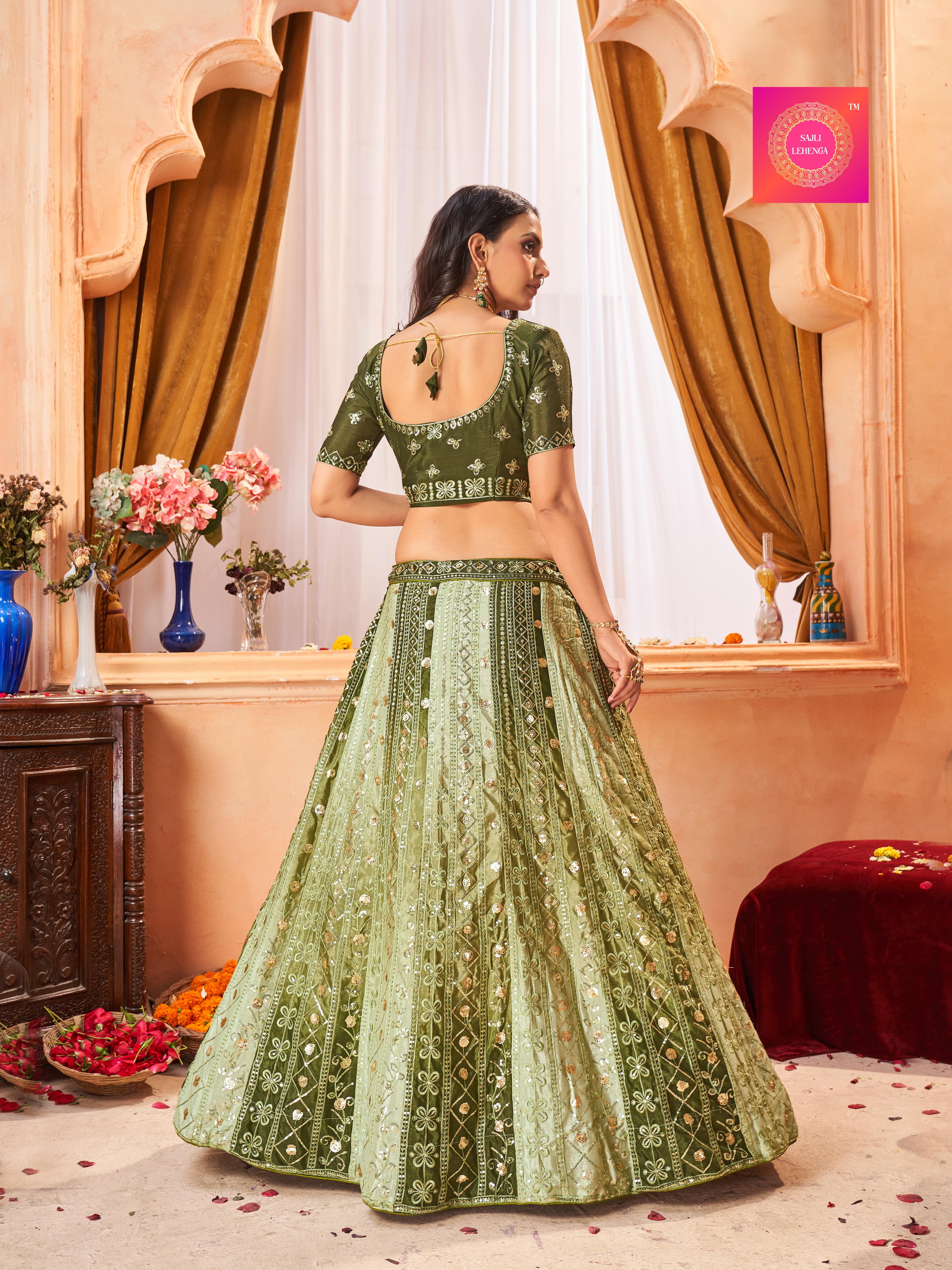 Sajli Mehndi Chinon Padding Embroidery work Lehenga Choli S6