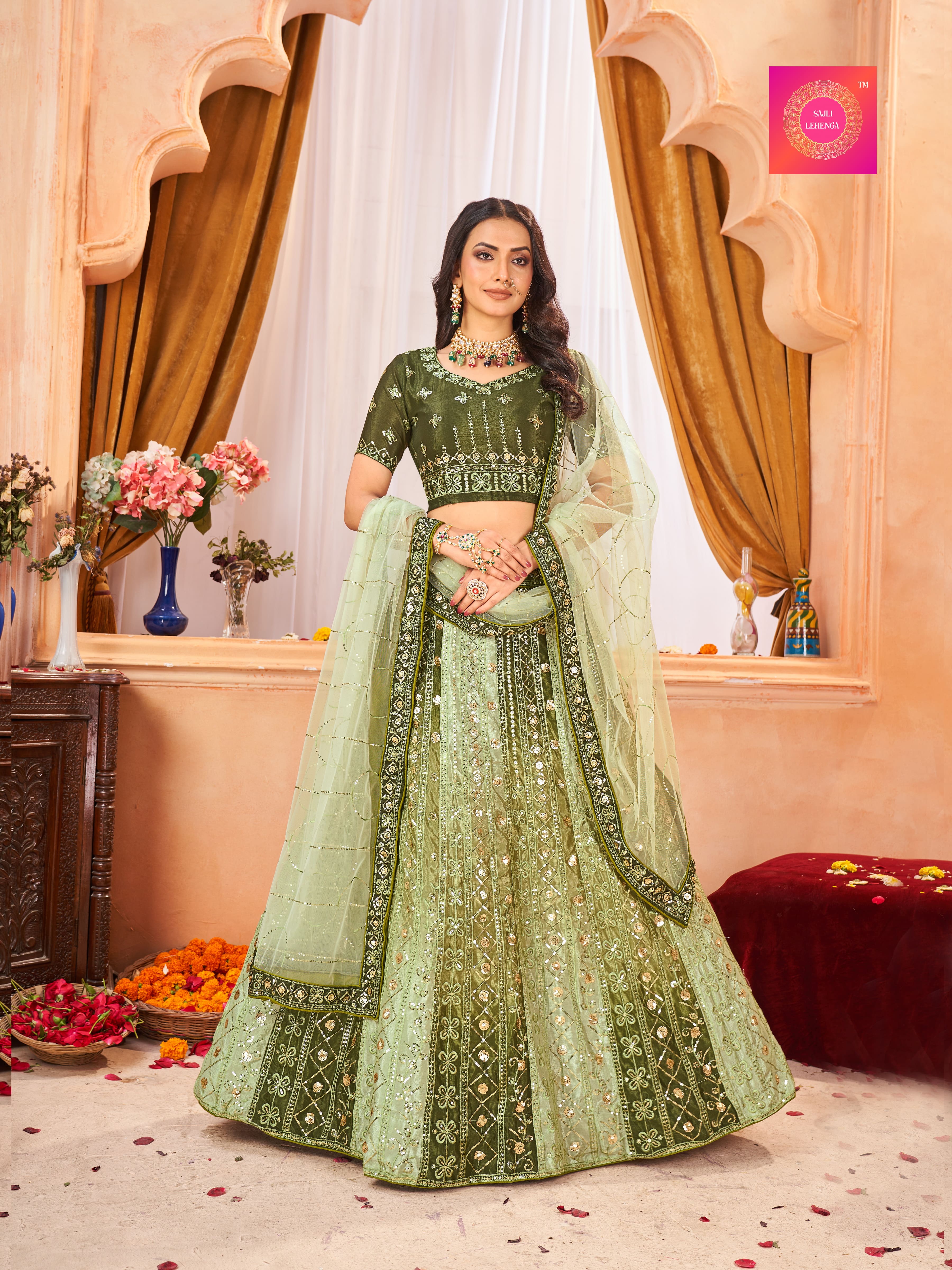 Sajli Mehndi Chinon Padding Embroidery work Lehenga Choli S6