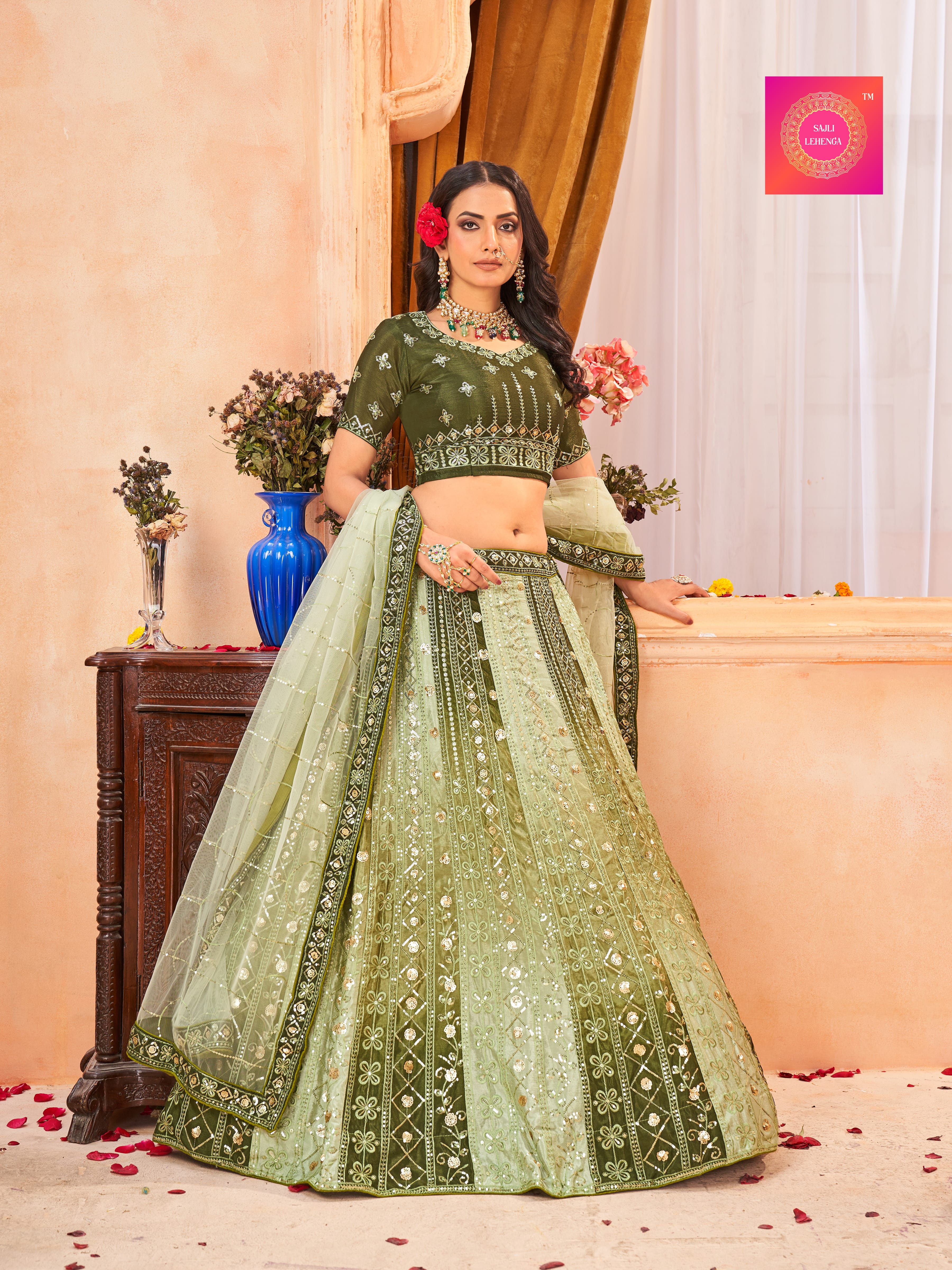 Sajli Mehndi Chinon Padding Embroidery work Lehenga Choli S6