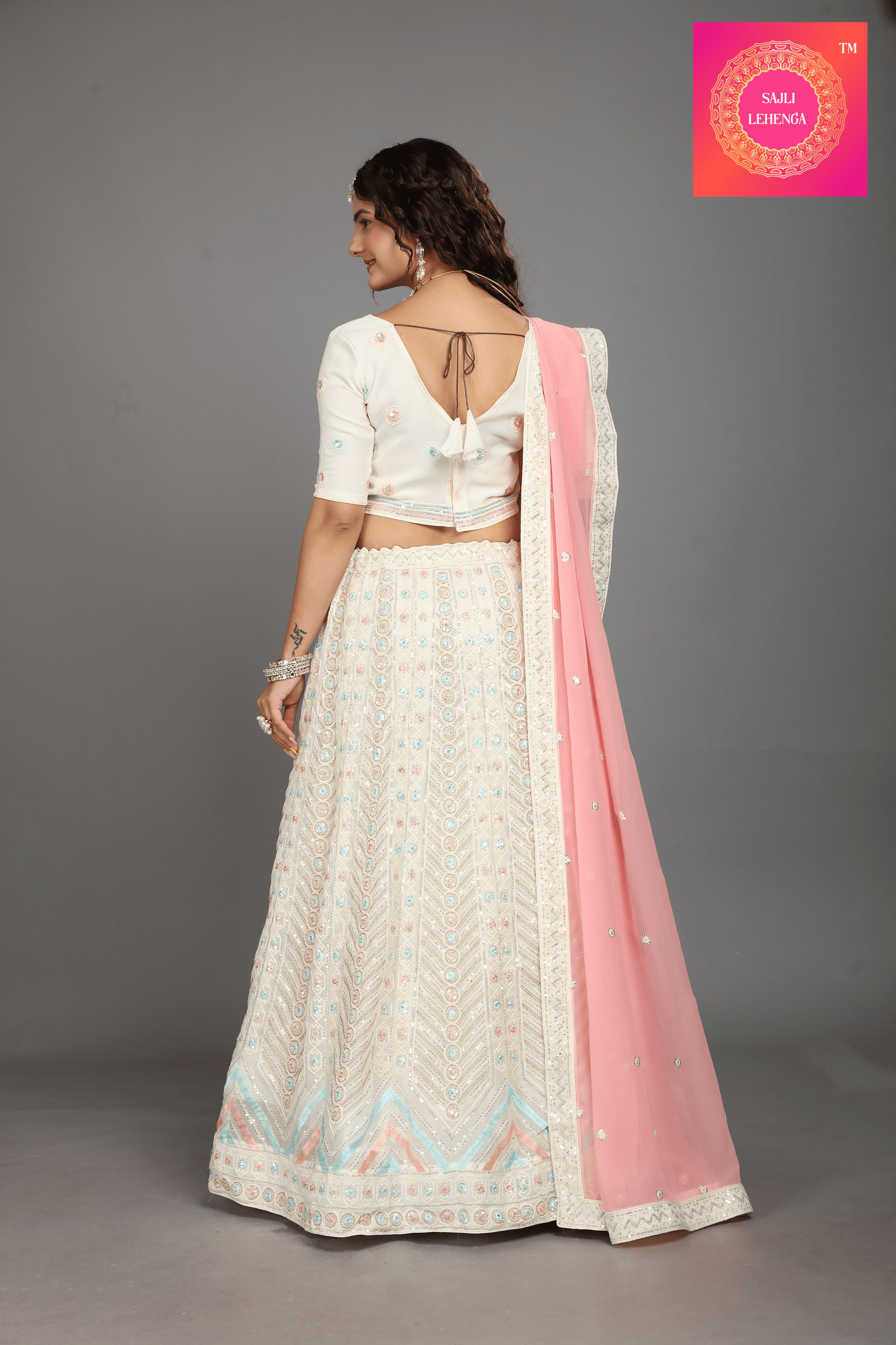 Sajli White Georgette Lehenga With Pink Georgette Dupatta S10