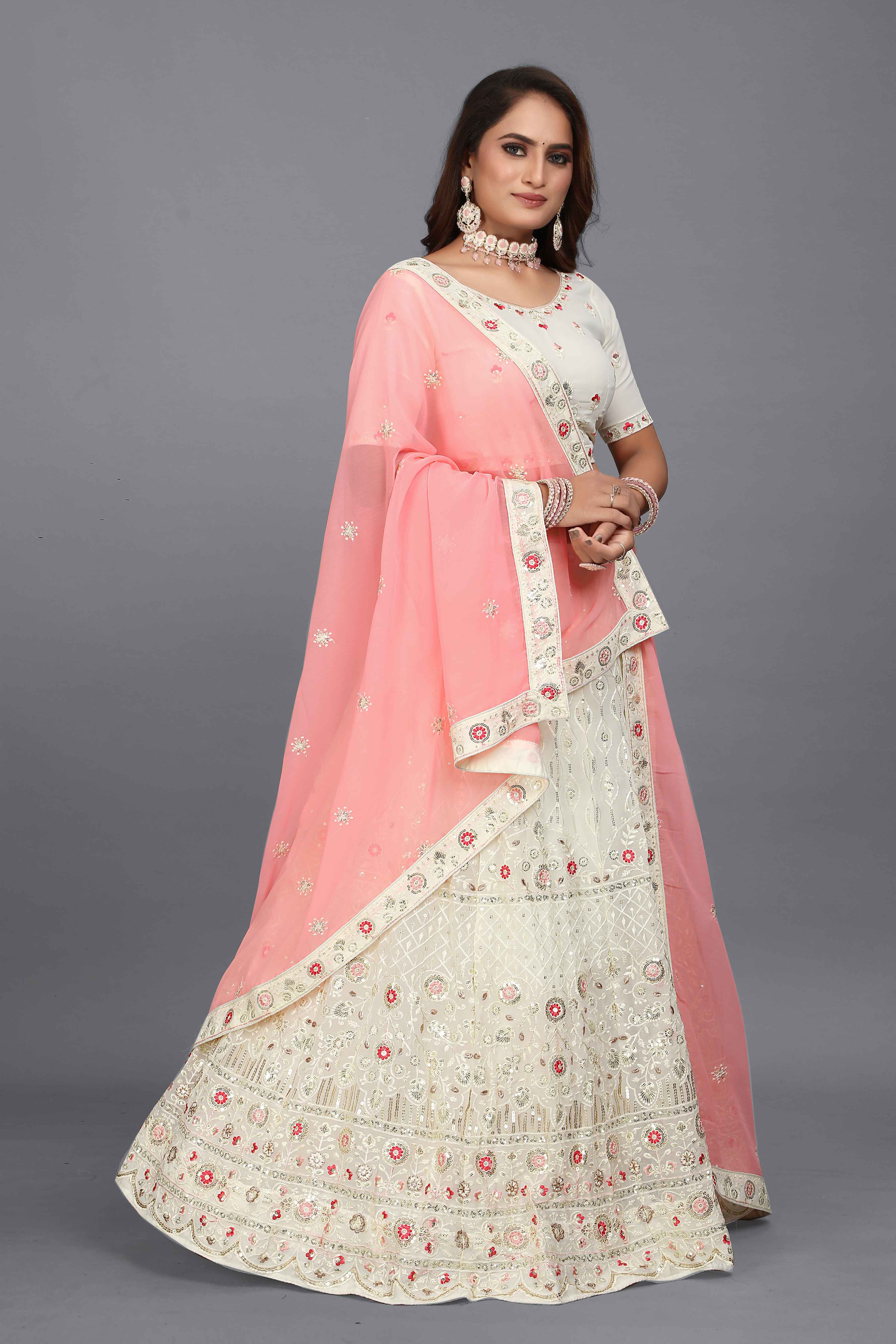 Sajli White Georgette Lehenga choli With Pink Georgette Dupatta S14