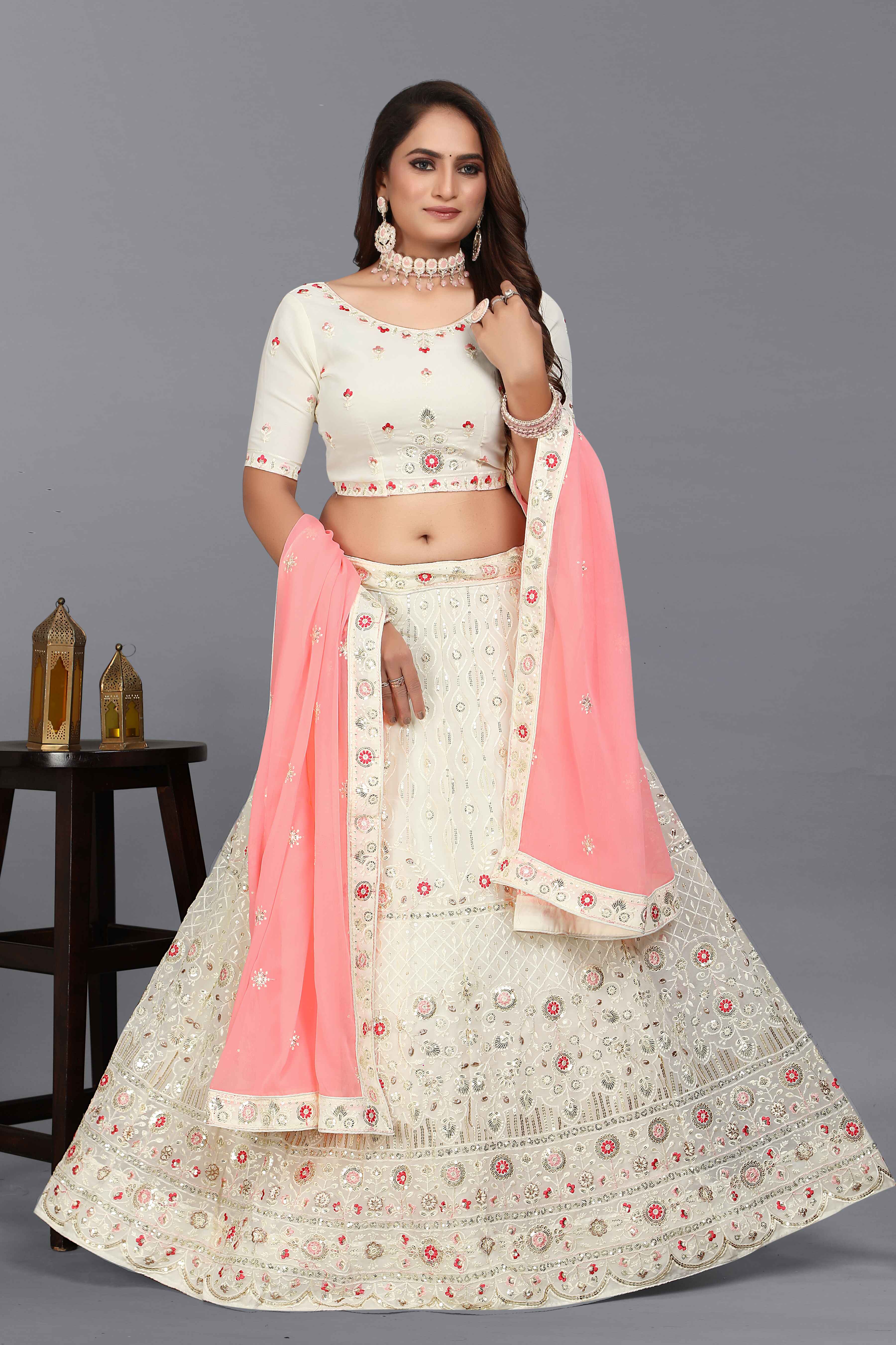 Sajli White Georgette Lehenga choli With Pink Georgette Dupatta S14