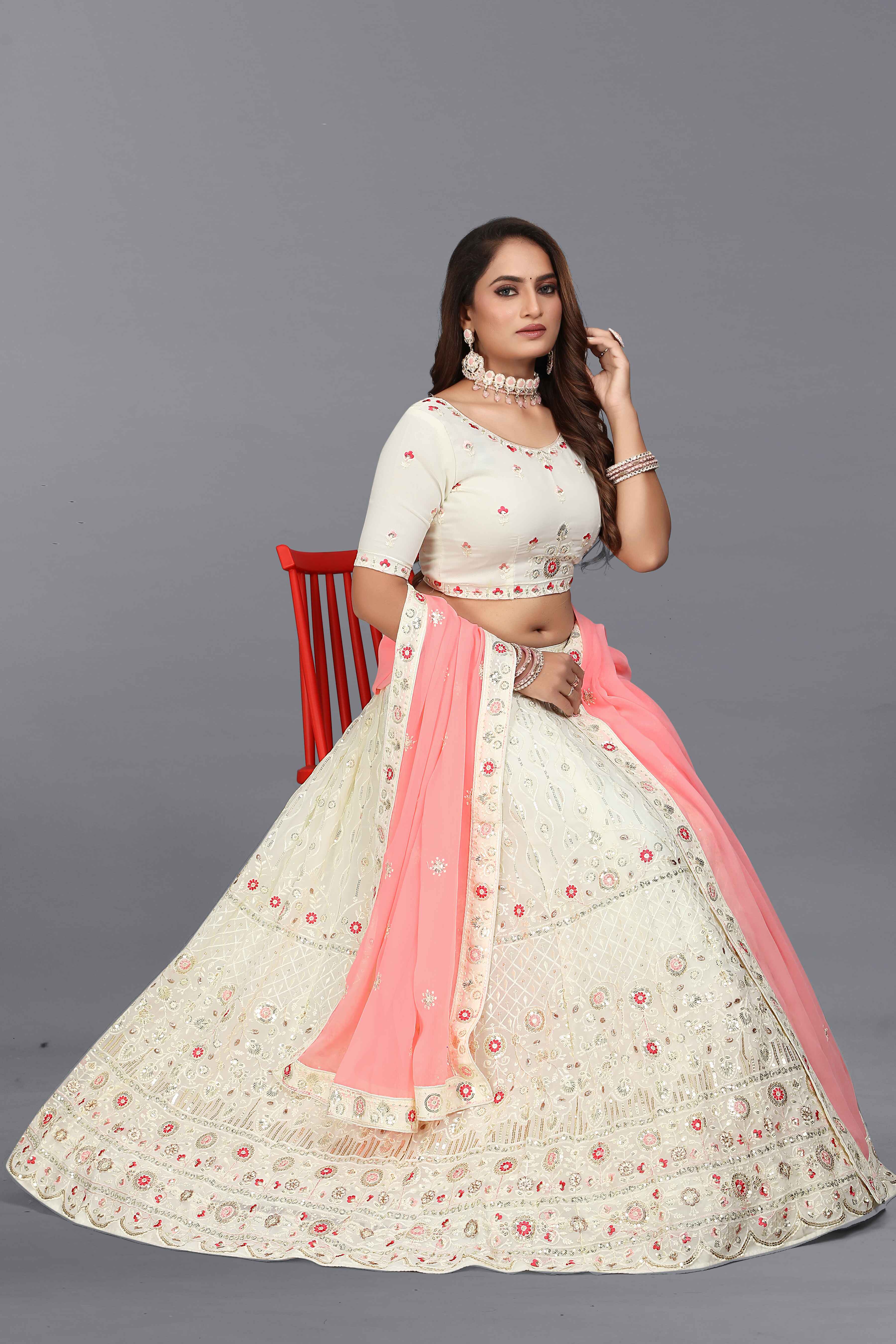Sajli White Georgette Lehenga choli With Pink Georgette Dupatta S14