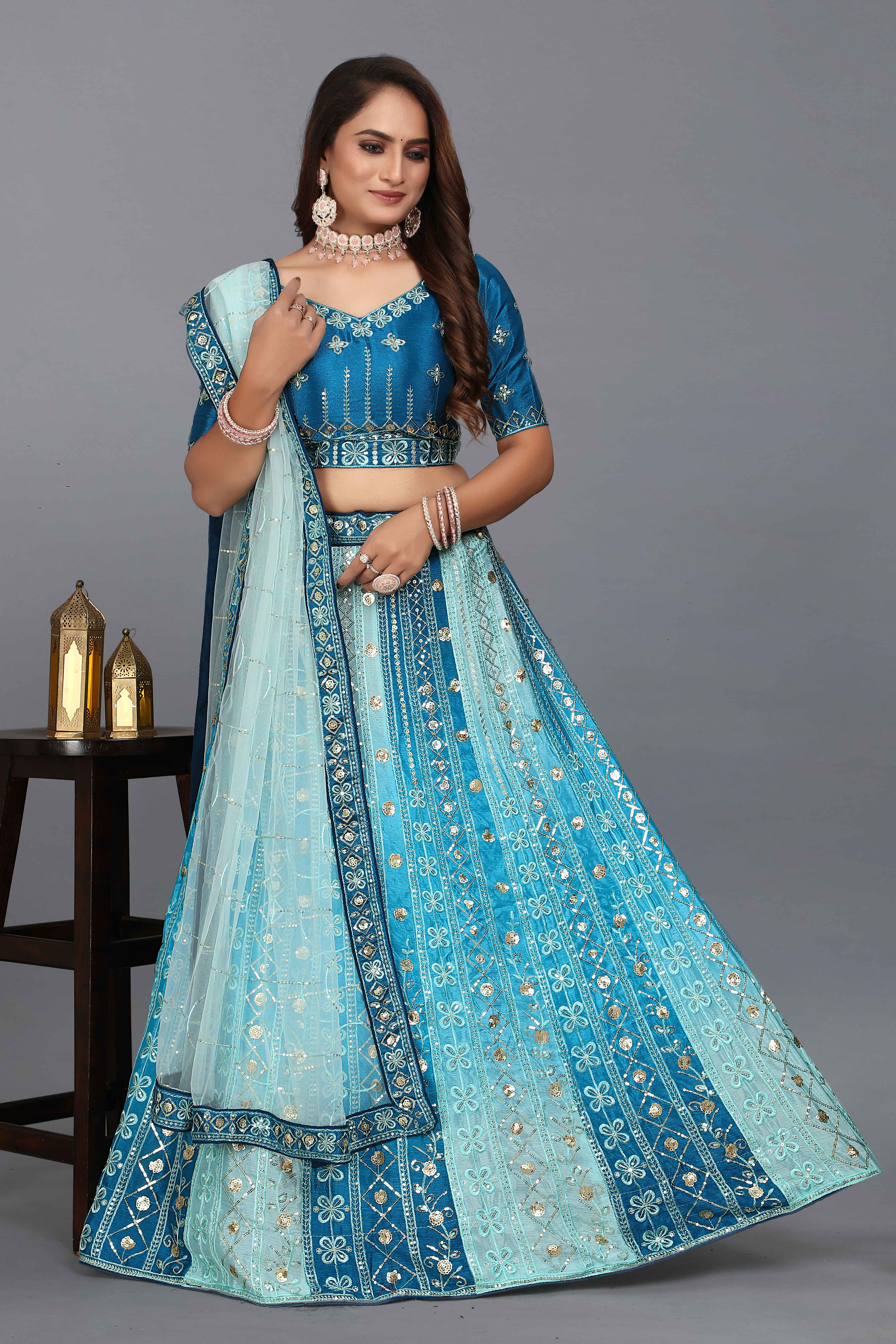 Sajli Blue Chinon Padding Lehenga With Net Dupatta S15