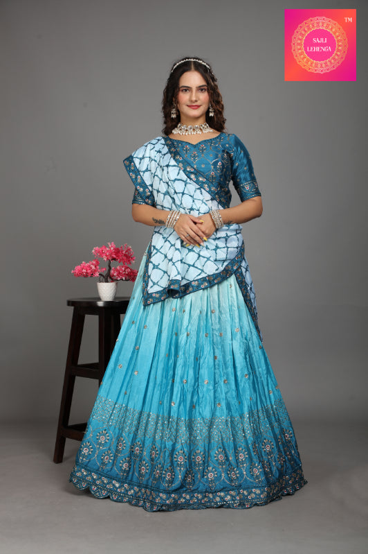 Sajli Blue Chinon Padding Lehenga with Digital Print Dupatta S7