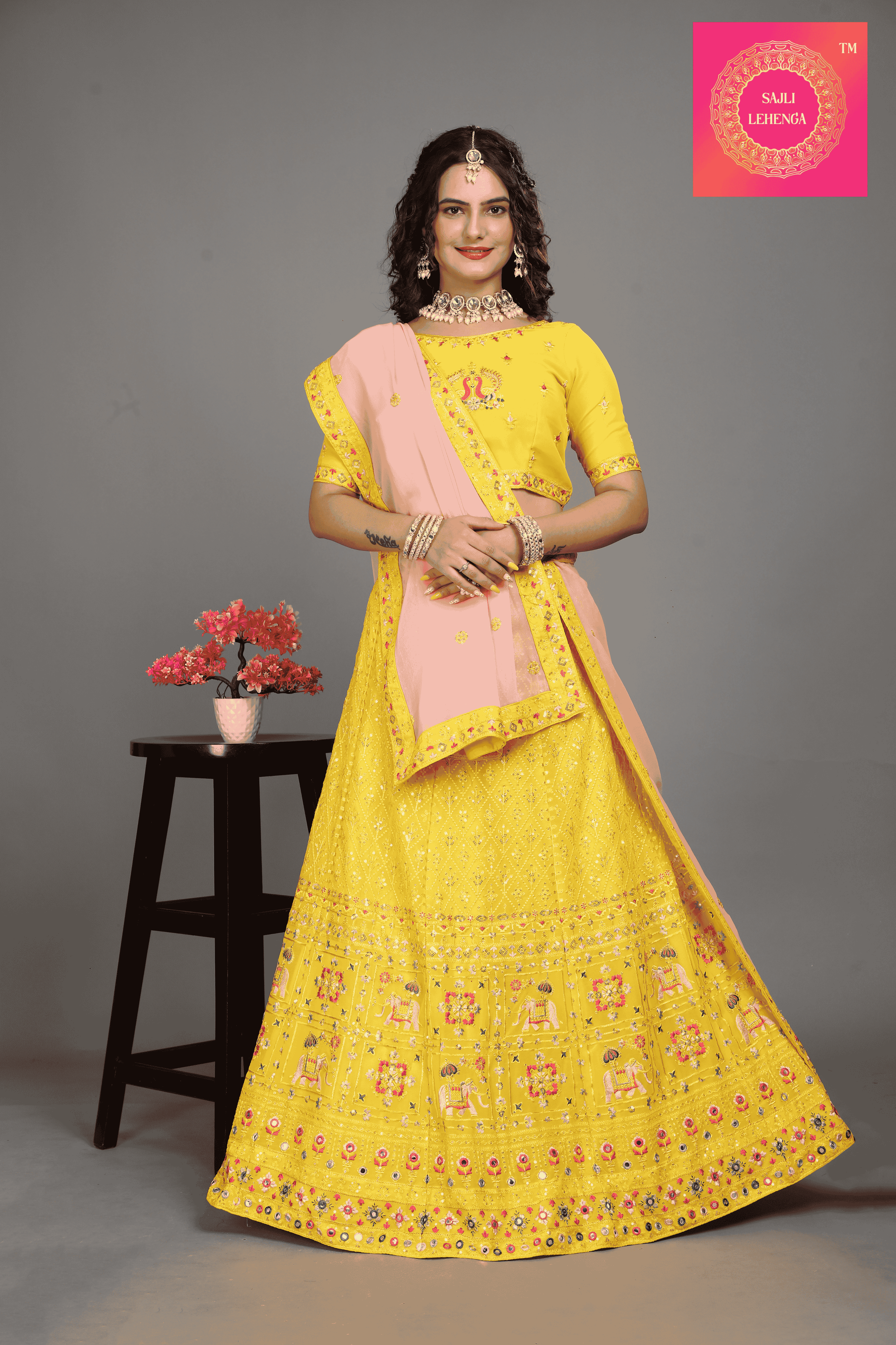 Sajli Yellow Georgette Lehenga With Pink Georgette Dupatta S13