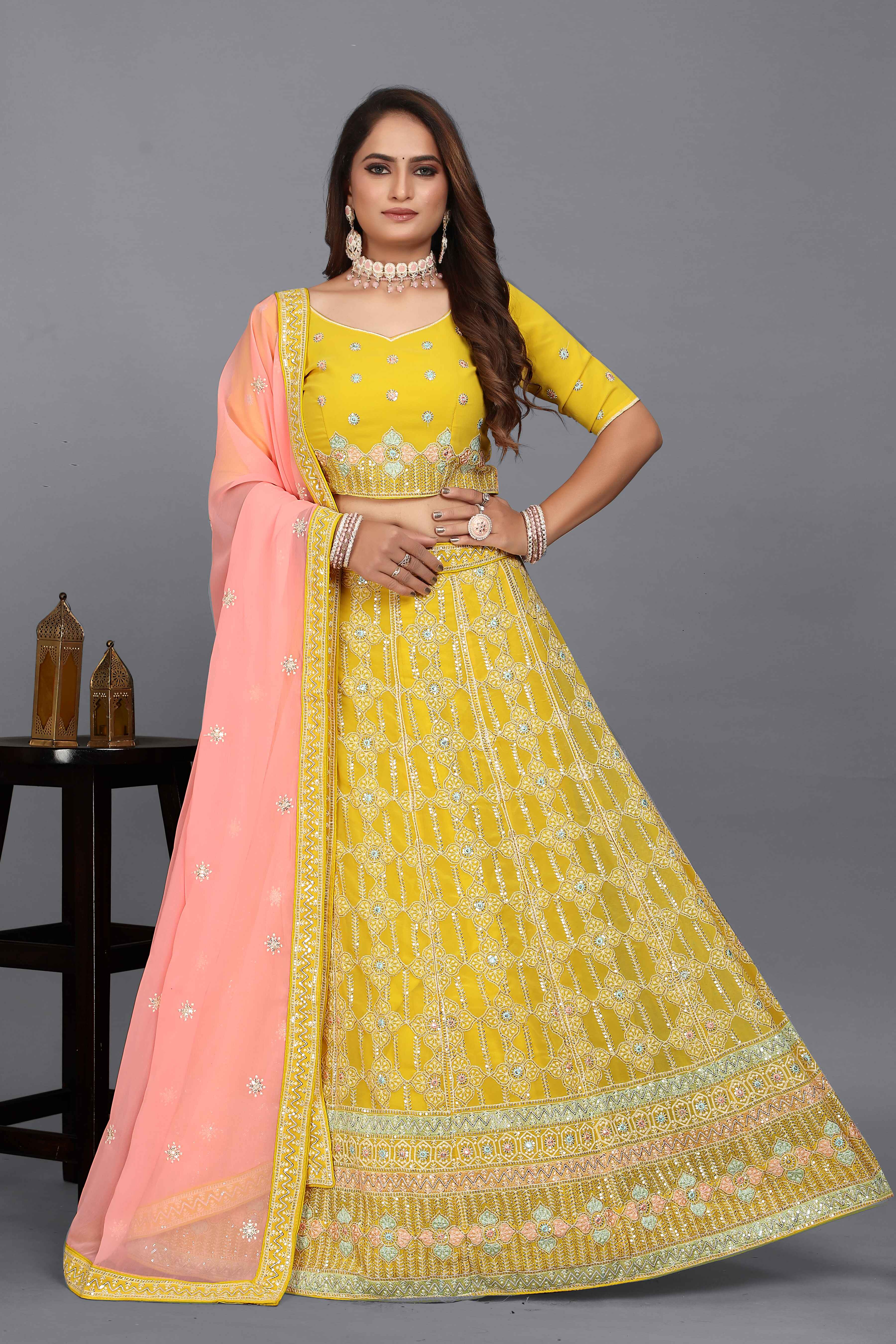 Sajli Yellow Georgette Lehenga With Pink Georgette Dupatta S16