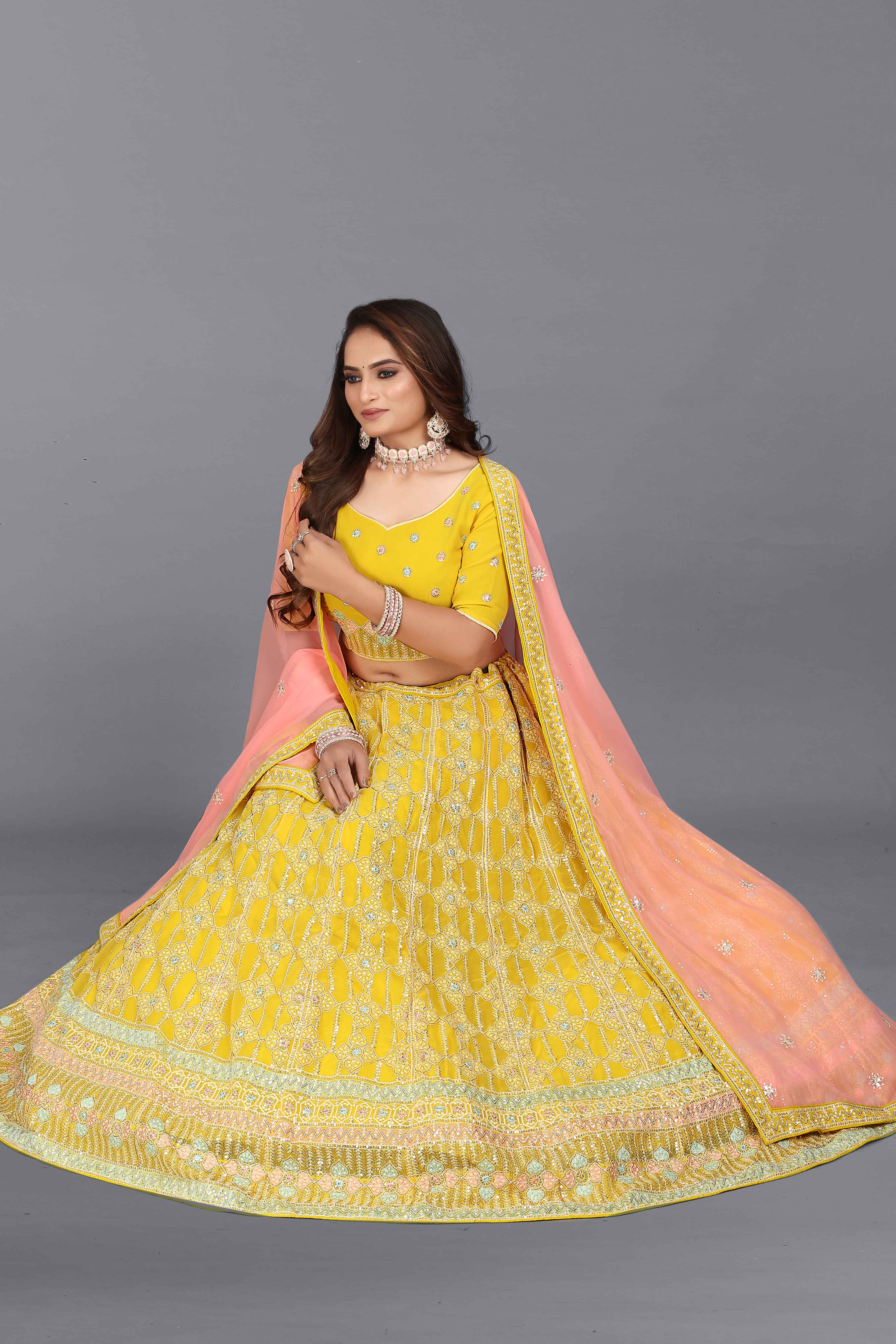 Sajli Yellow Georgette Lehenga With Pink Georgette Dupatta S16