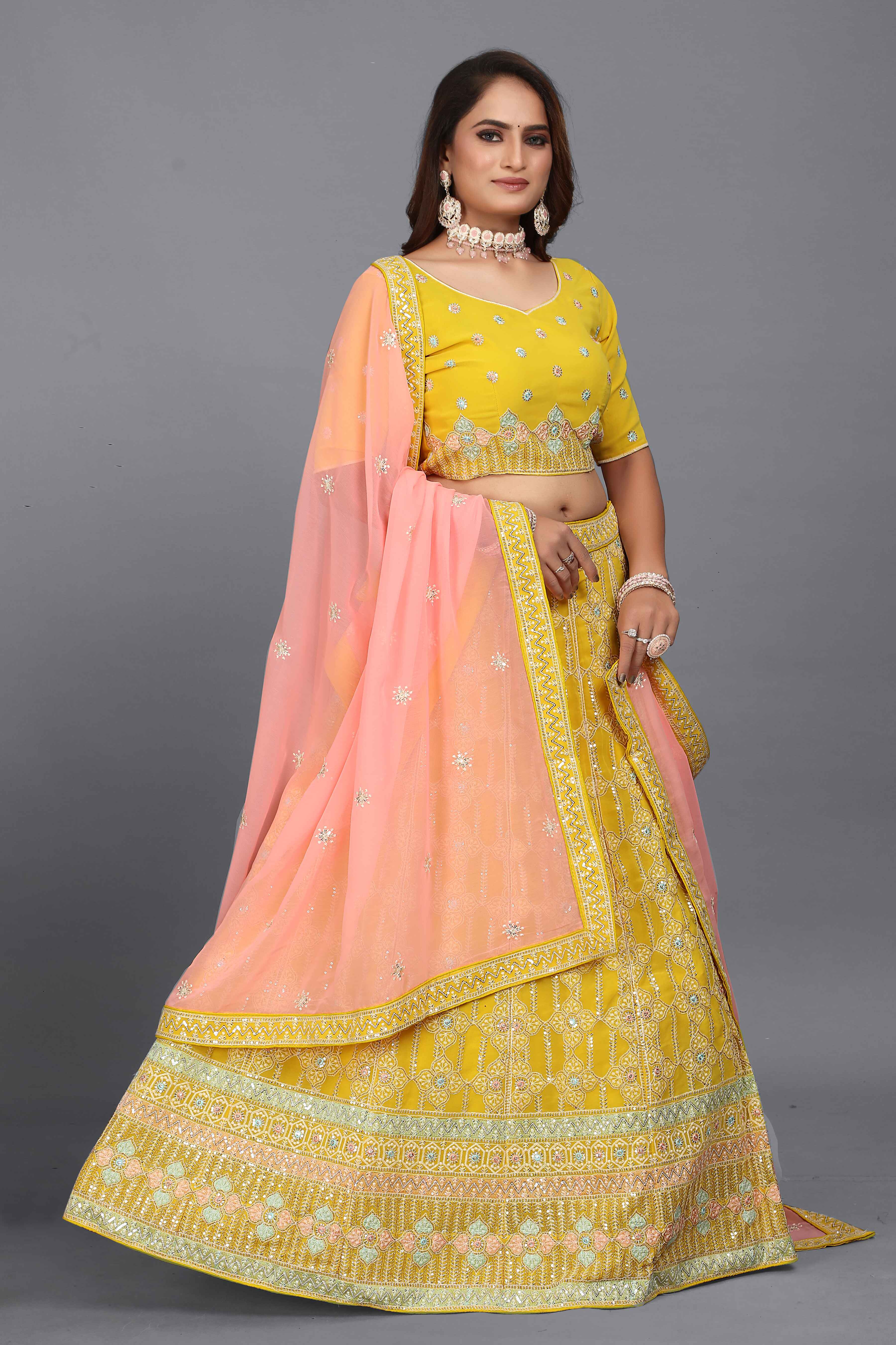 Sajli Yellow Georgette Lehenga With Pink Georgette Dupatta S16