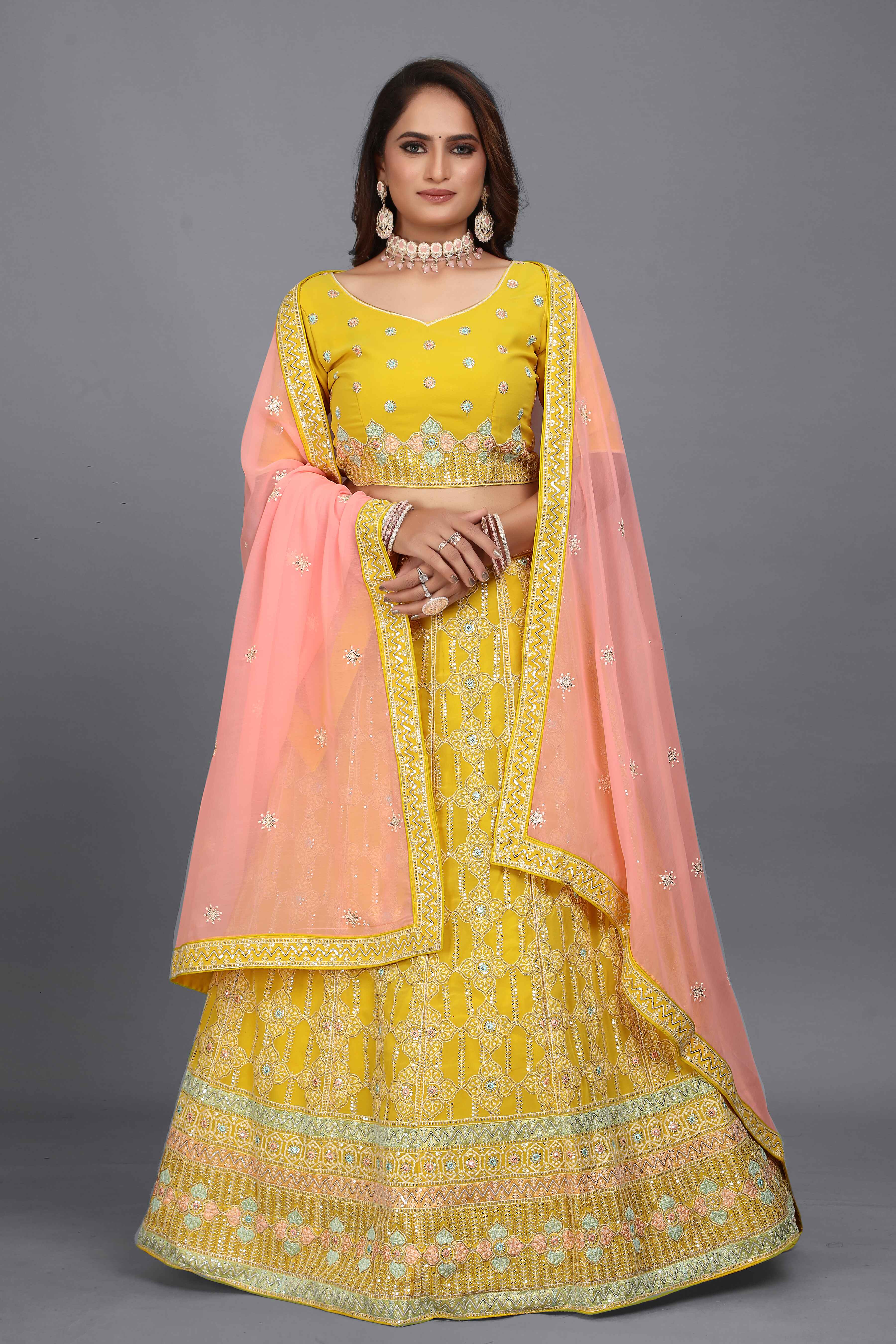 Sajli Yellow Georgette Lehenga With Pink Georgette Dupatta S16