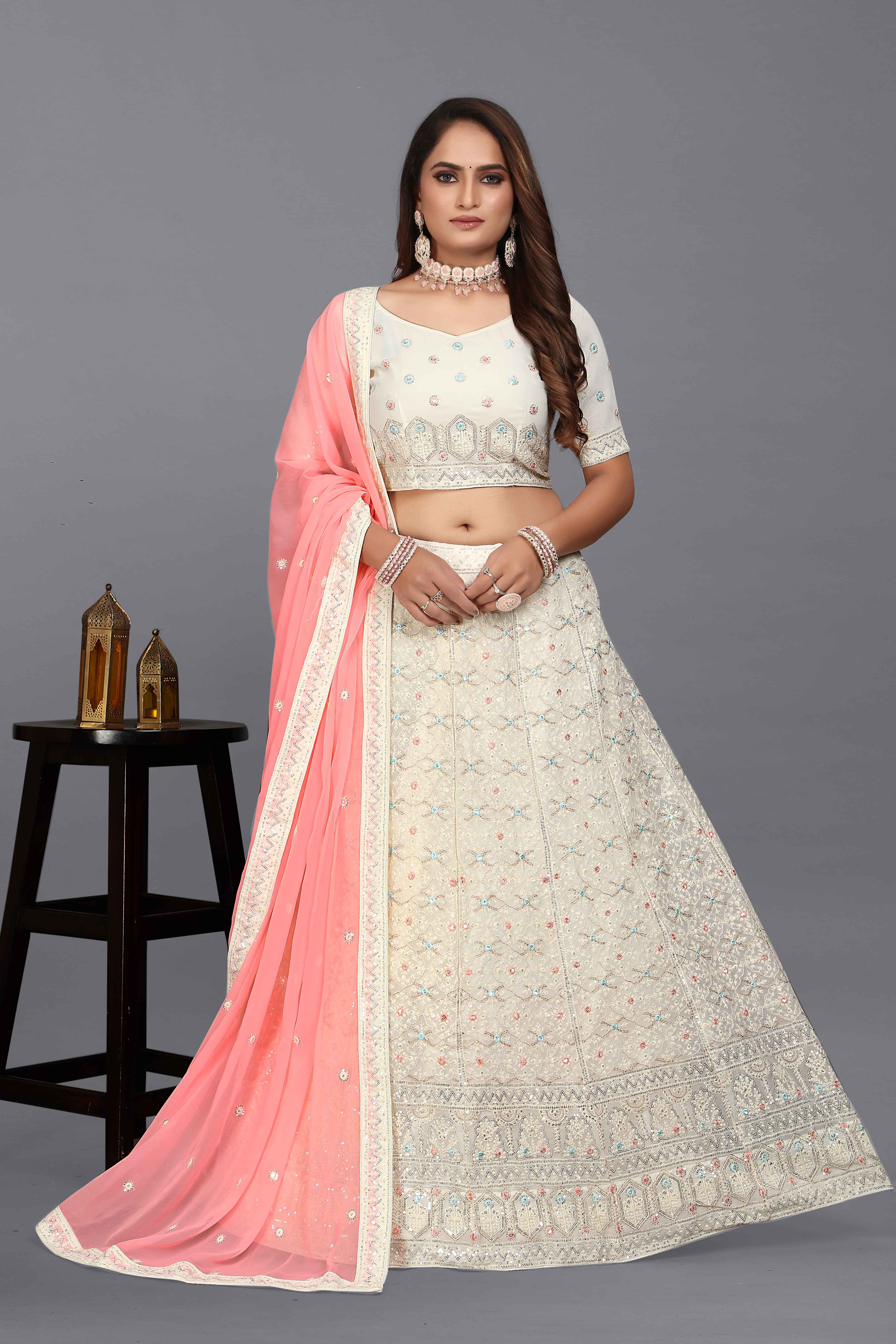 Sajli White Georgette Thread work Lehenga with Pink Dupatta S17