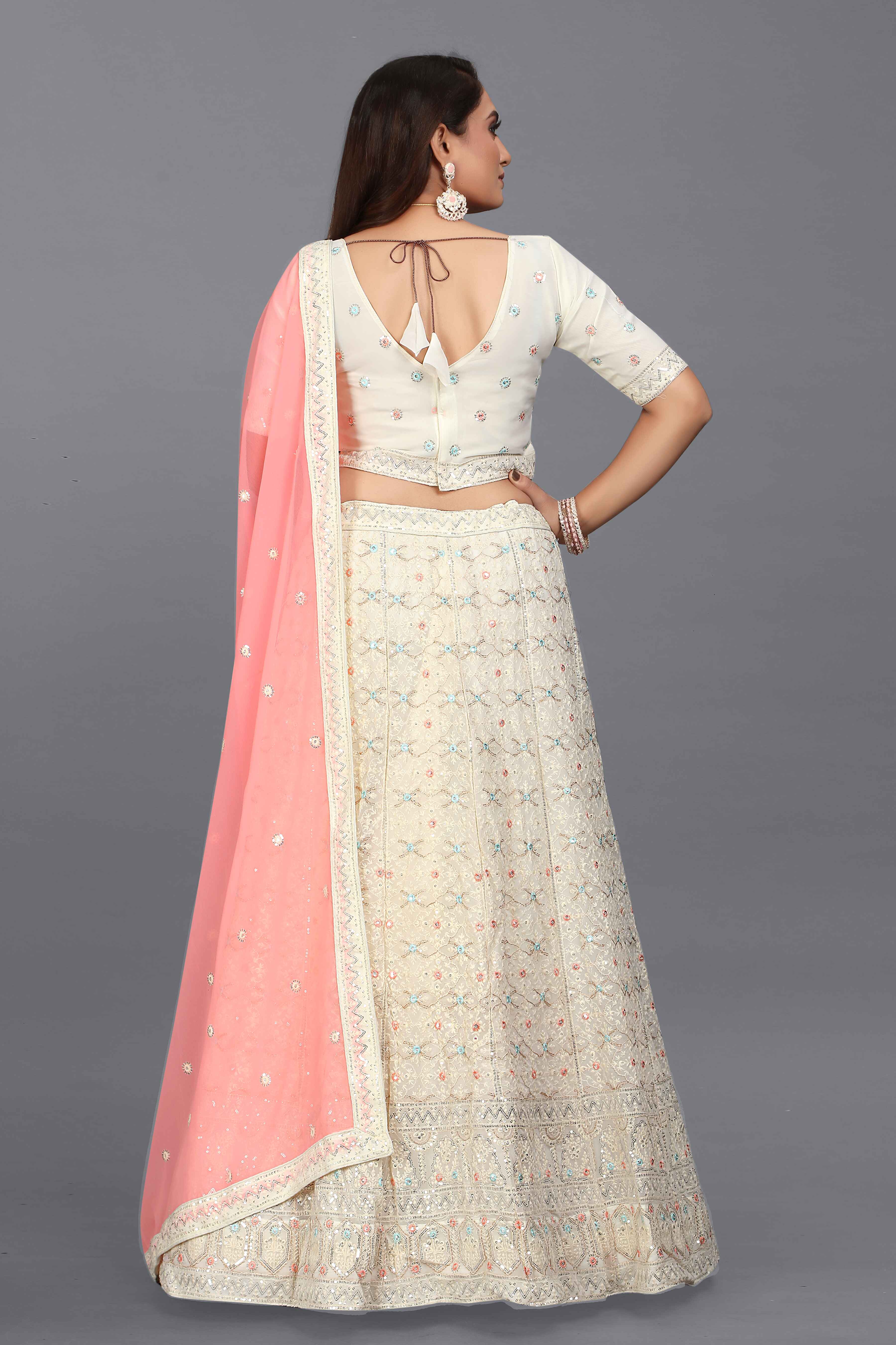 Sajli White Georgette Thread work Lehenga with Pink Dupatta S17