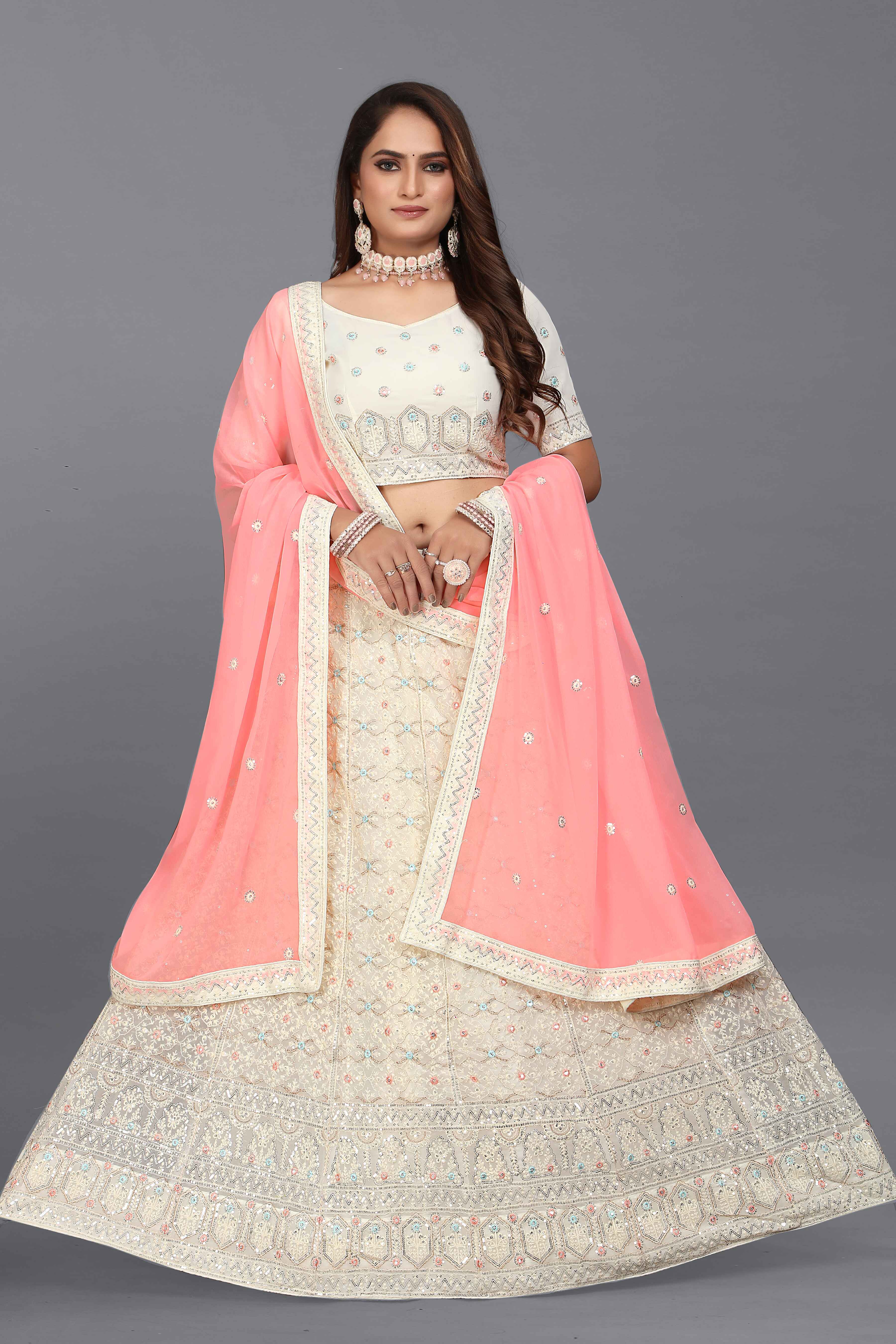 Sajli White Georgette Thread work Lehenga with Pink Dupatta S17