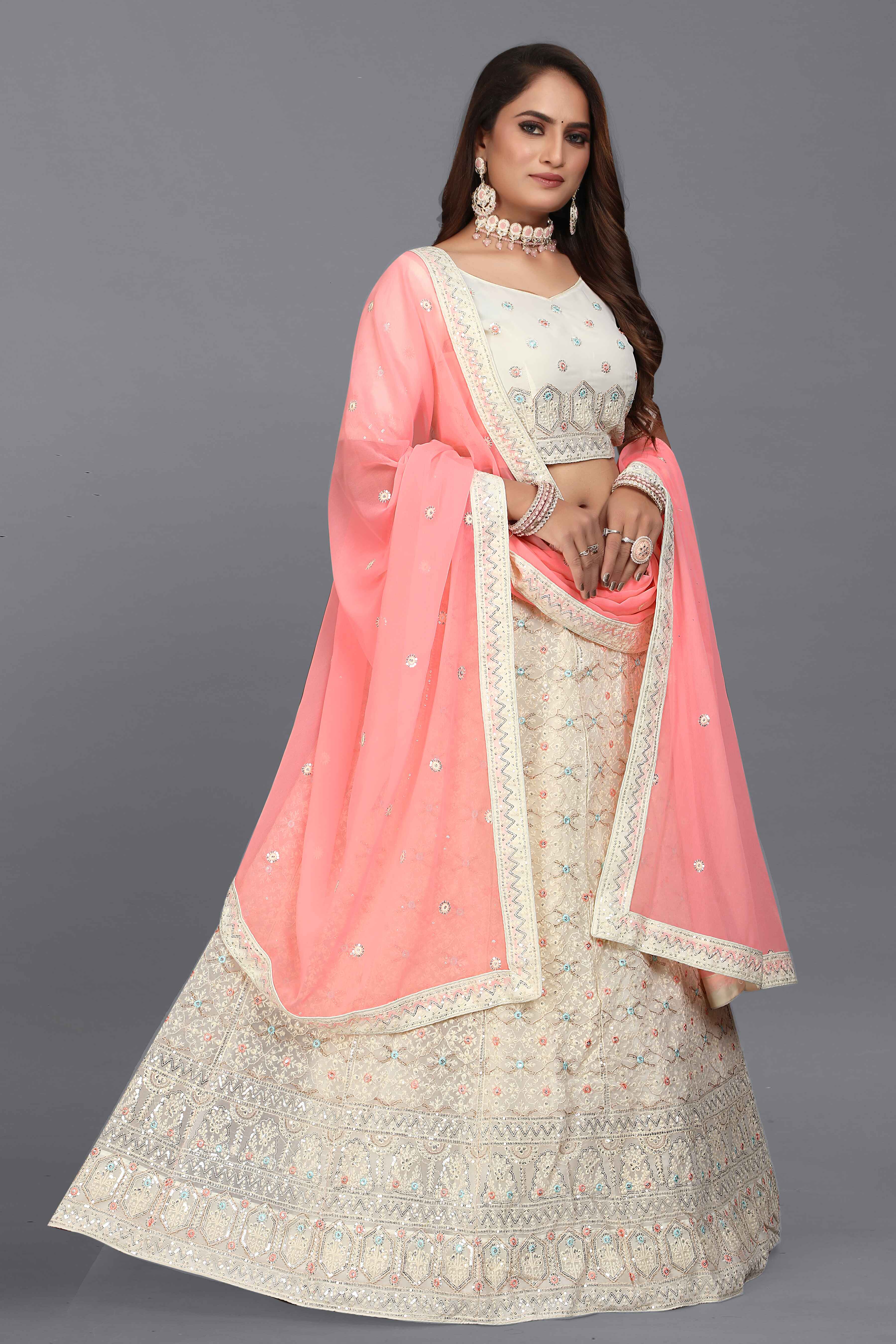 Sajli White Georgette Thread work Lehenga with Pink Dupatta S17