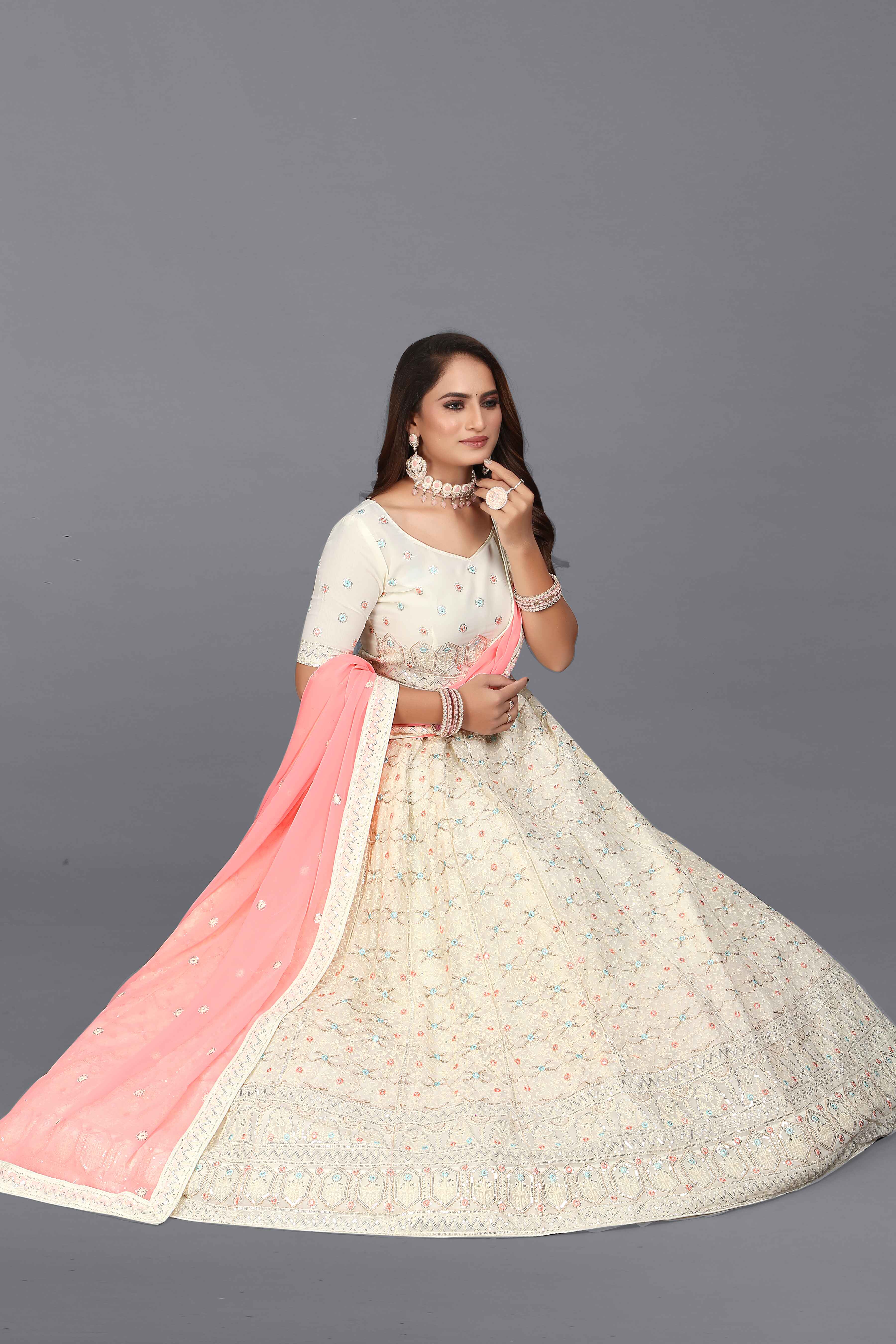 Sajli White Georgette Thread work Lehenga with Pink Dupatta S17