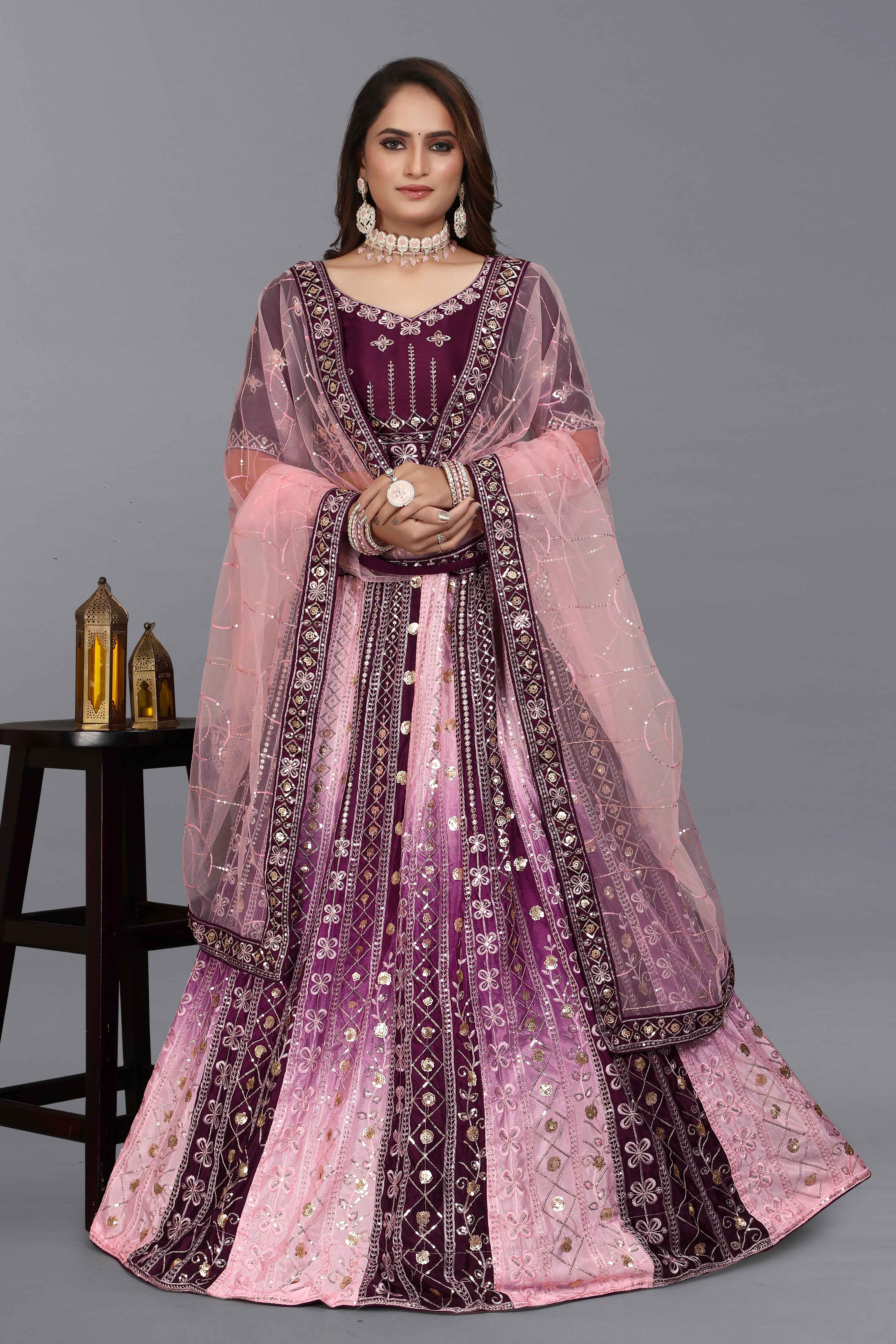 Sajli Wine Chinon Padding Lehenga with Net Dupatta S18