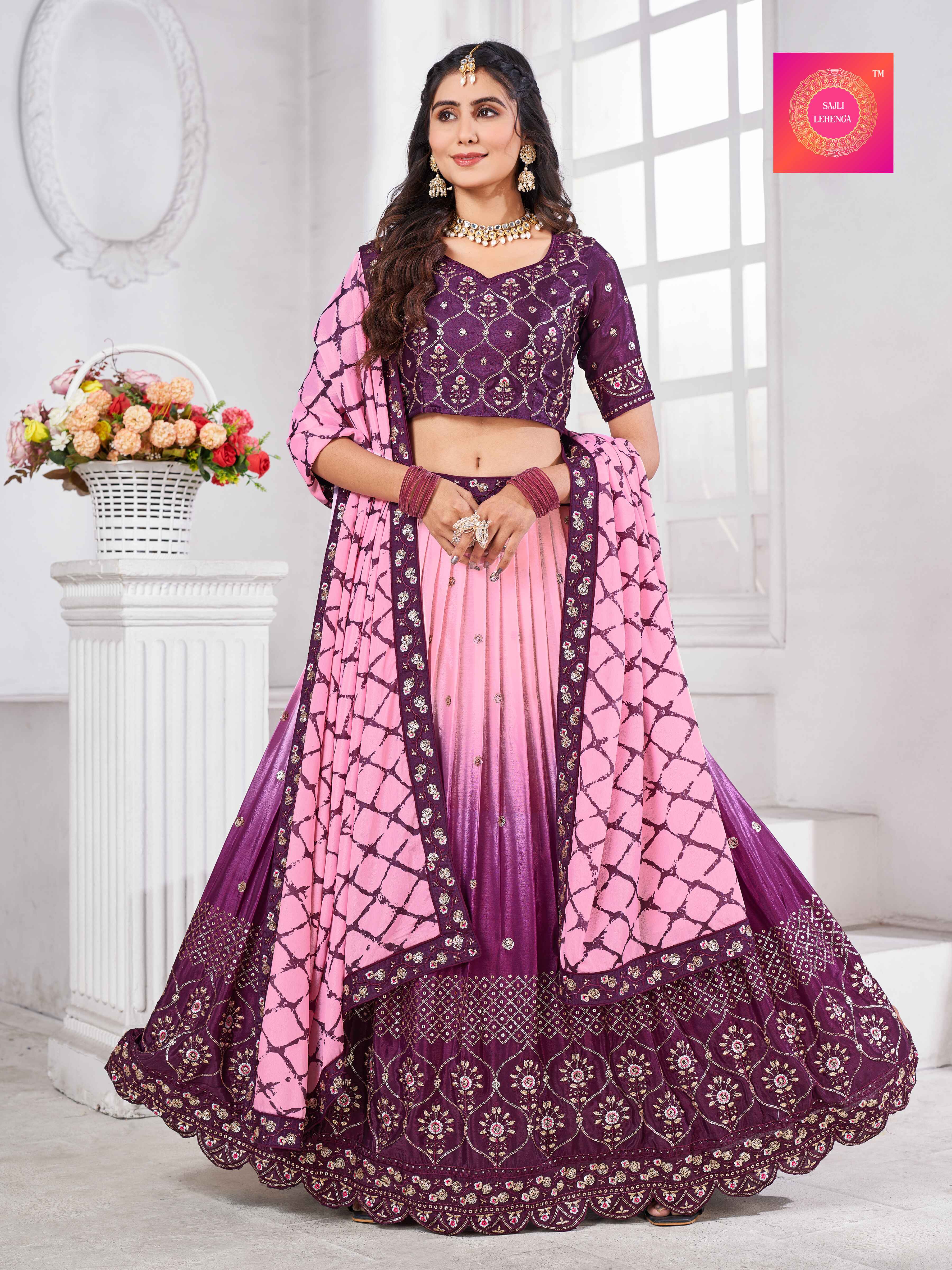 Sajli Wine Chinon Padding Lehenga With Chinon Digital Print Dupatta S19