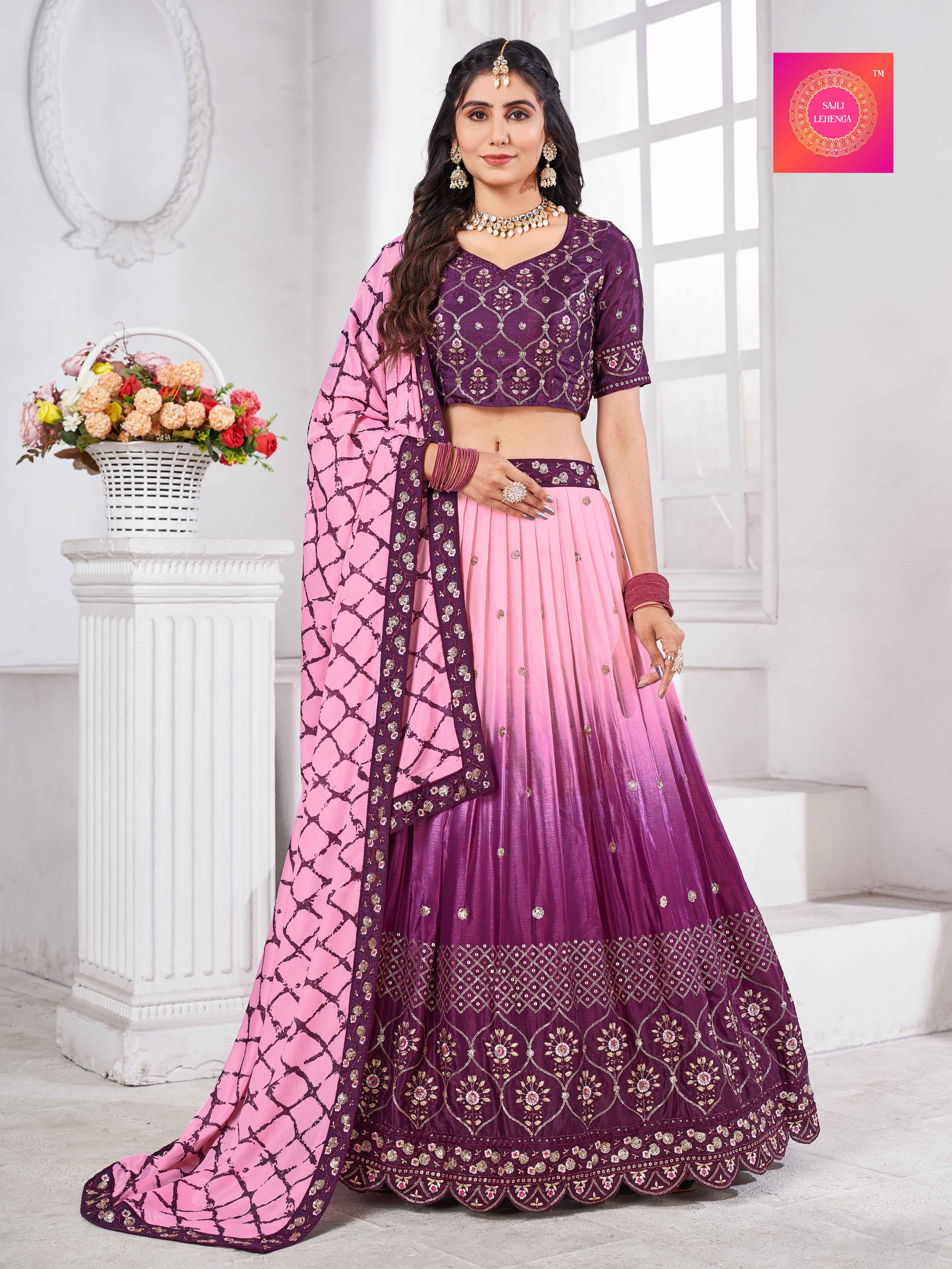 Sajli Wine Chinon Padding Lehenga With Chinon Digital Print Dupatta S19