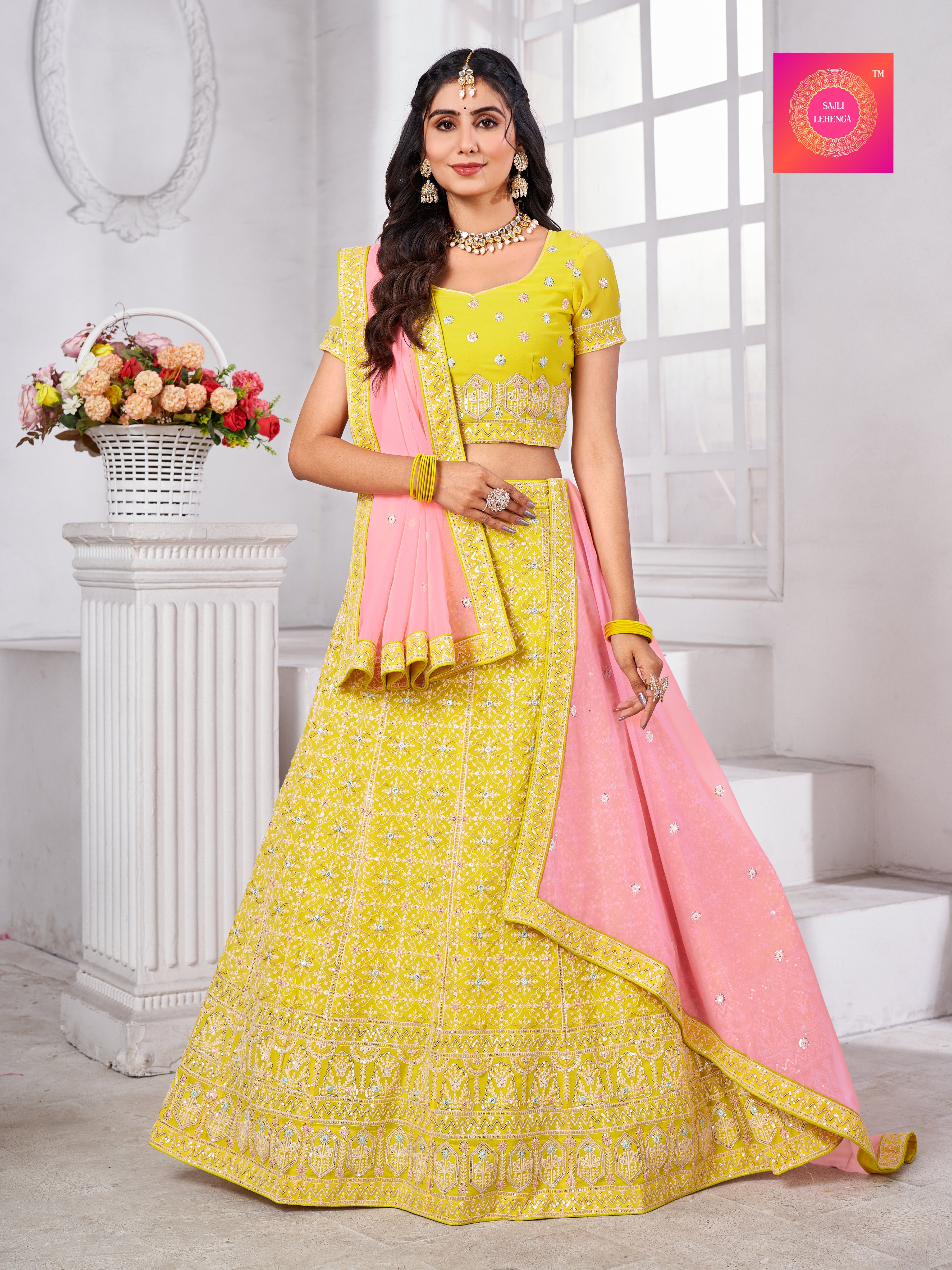 Sajli Yellow Georgette Embroidery Lehenga With Pink Georgette Dupatta S20