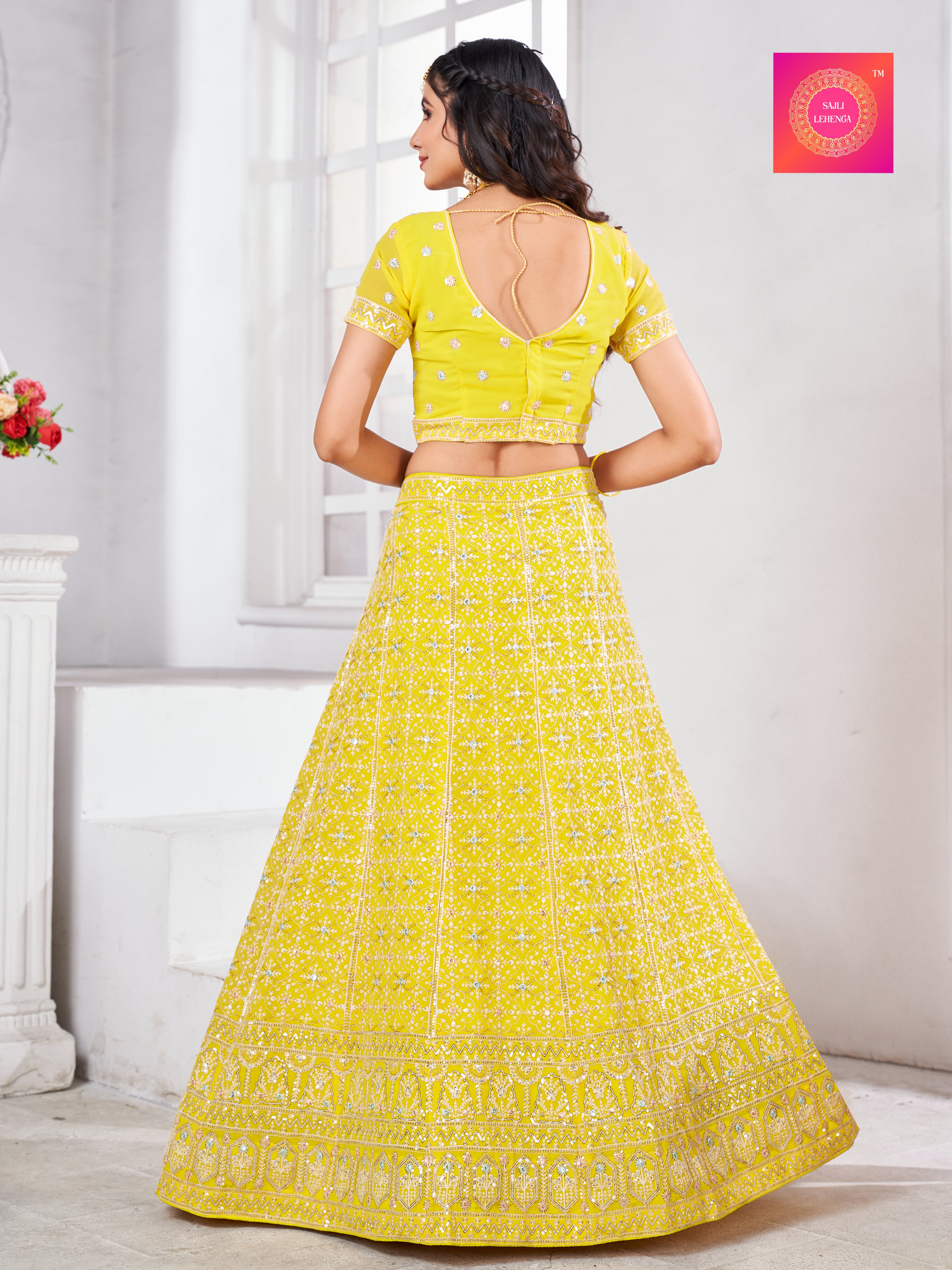 Sajli Yellow Georgette Embroidery Lehenga With Pink Georgette Dupatta S20