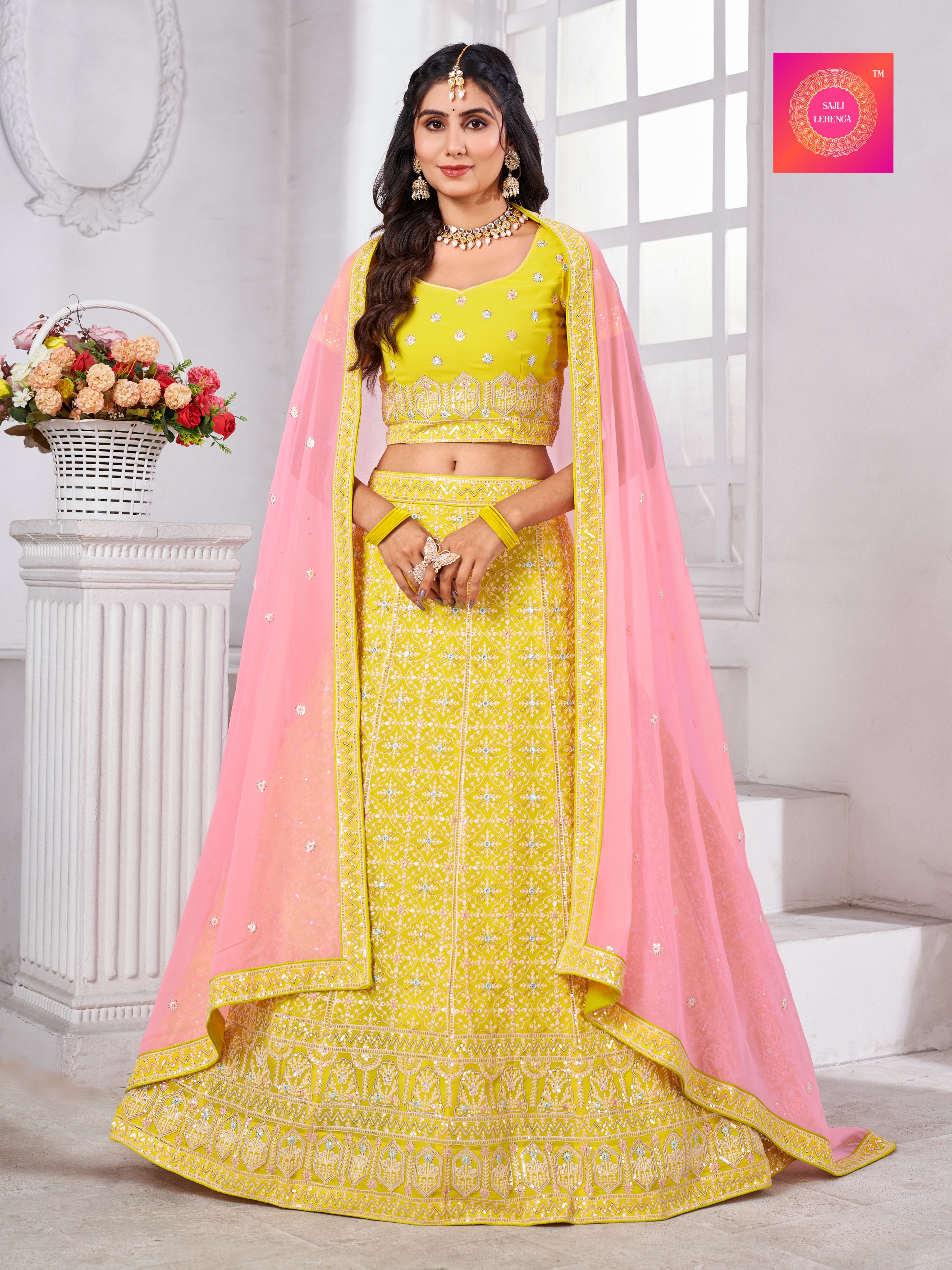 Sajli Yellow Georgette Embroidery Lehenga With Pink Georgette Dupatta S20