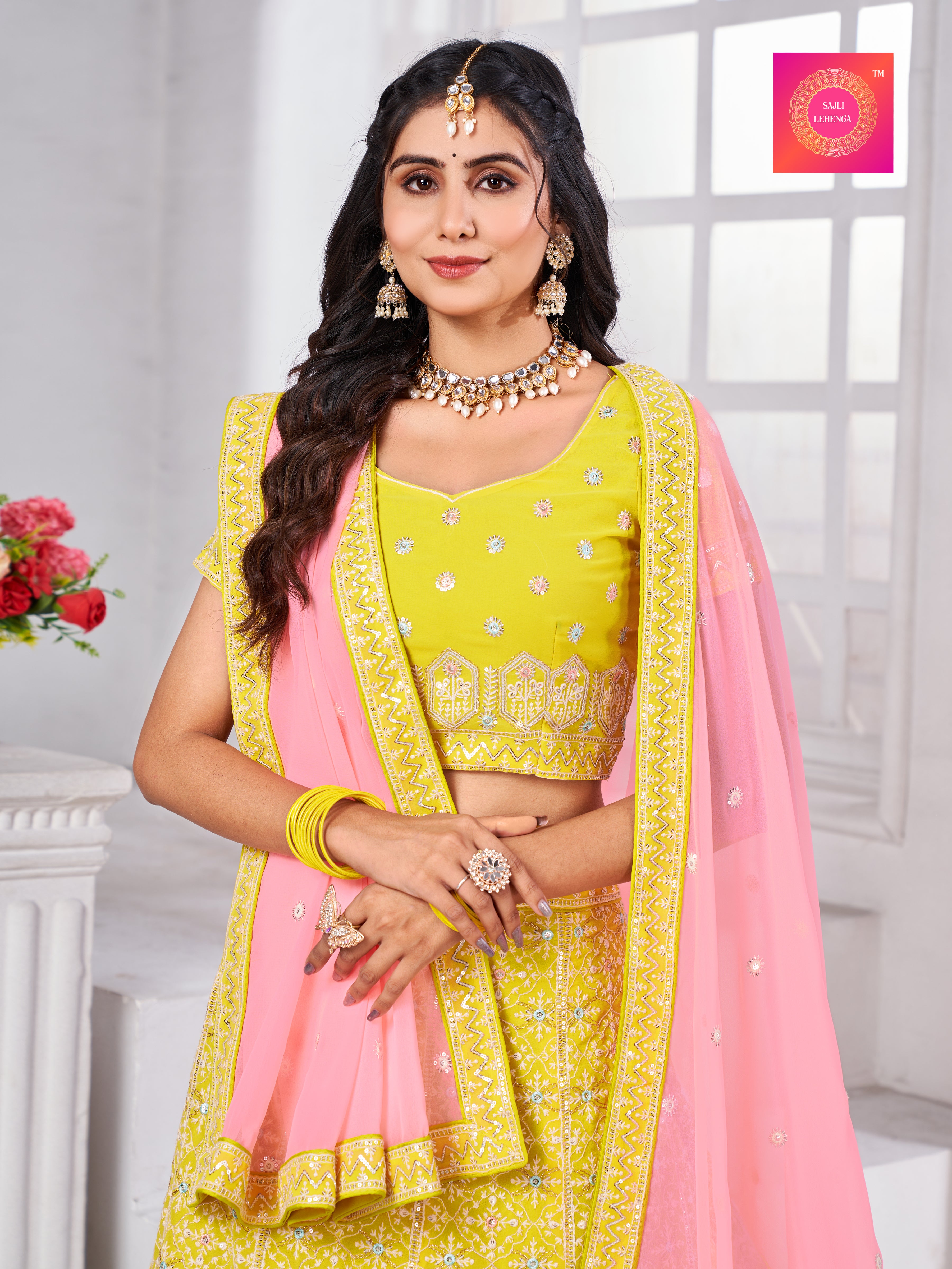 Sajli Yellow Georgette Embroidery Lehenga With Pink Georgette Dupatta S20