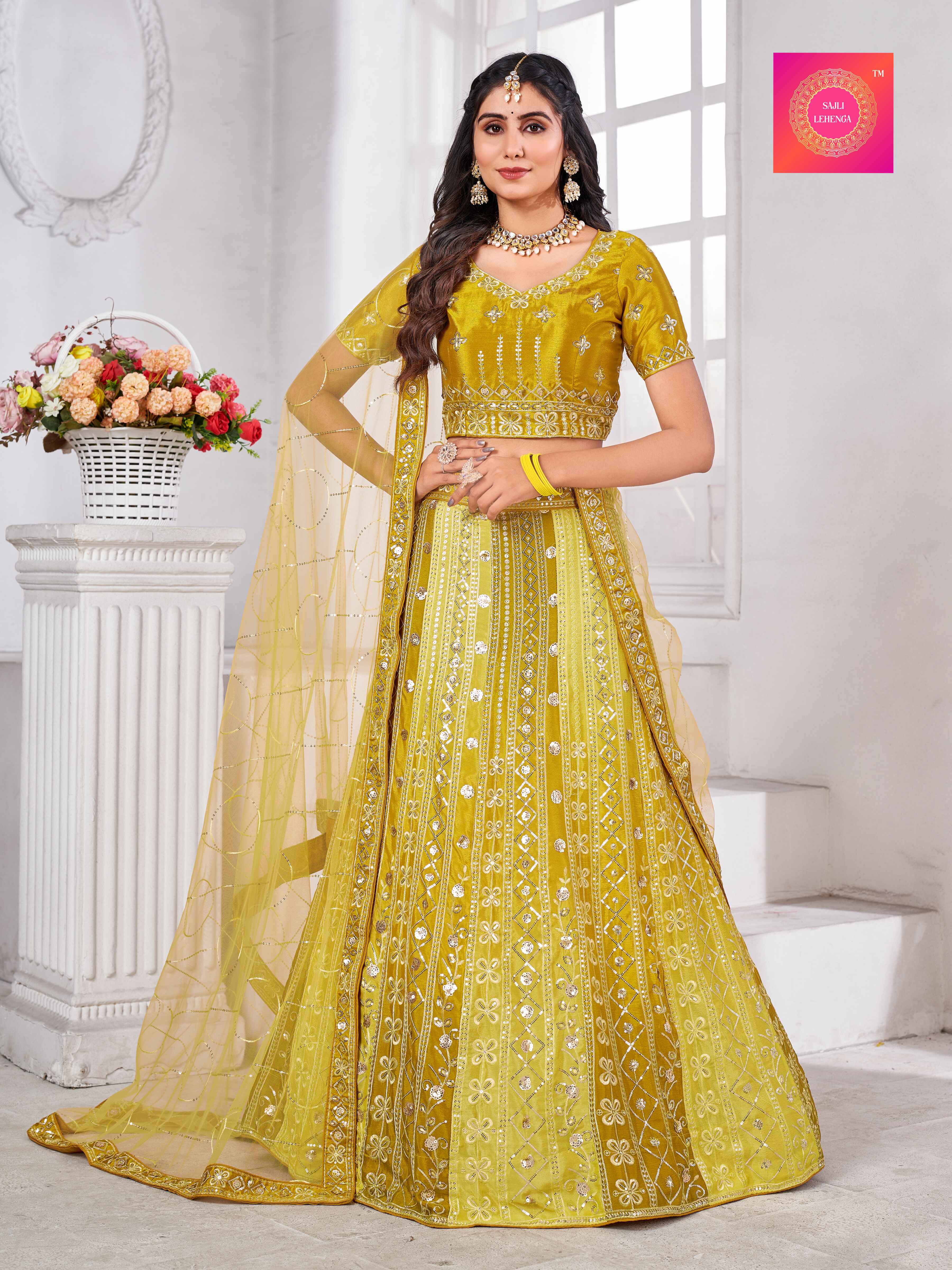 Sajli Yellow Padding Sequence work  Chinon Lehenga choli With net dupatta S21