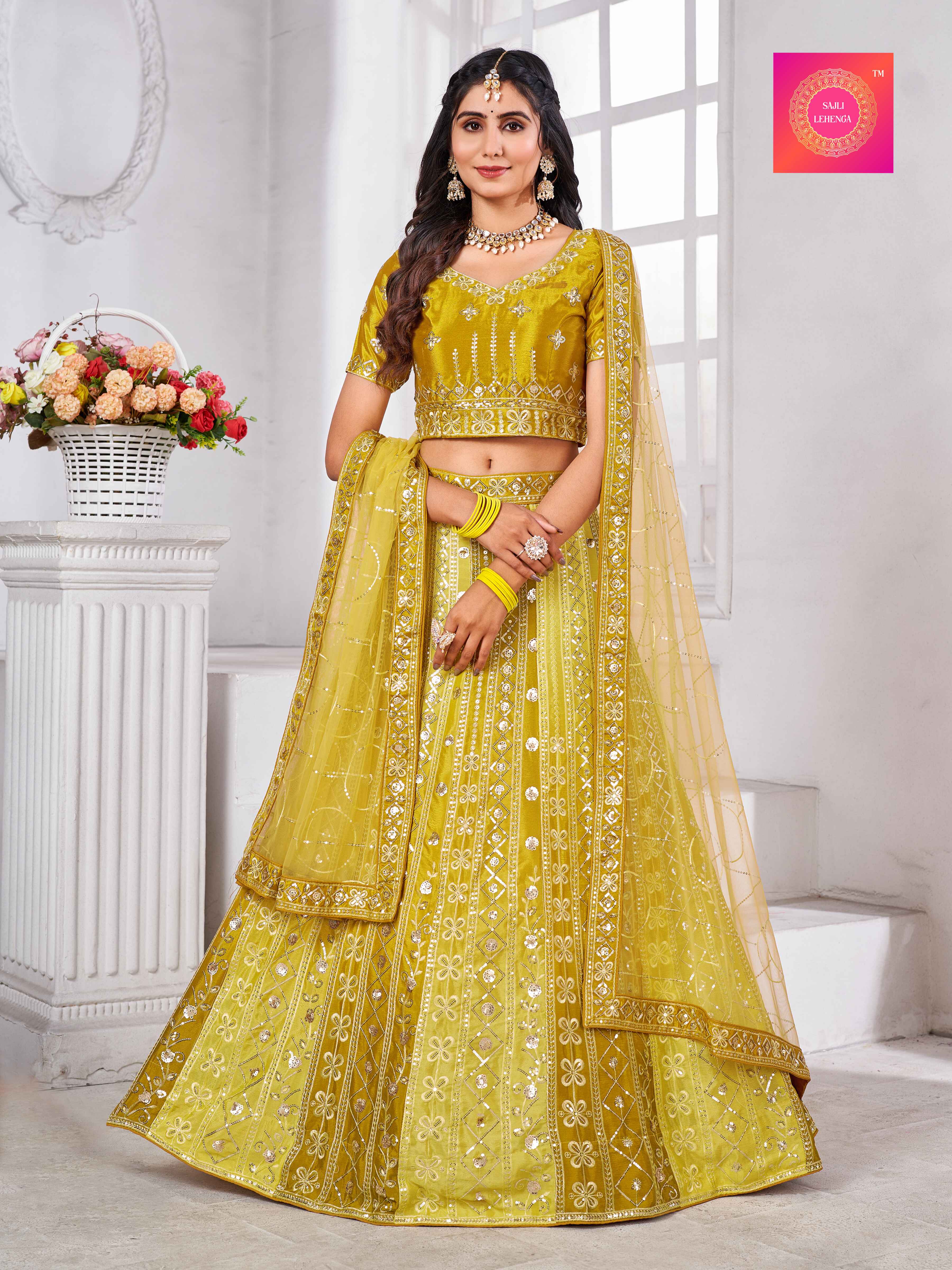 Sajli Yellow Padding Sequence work  Chinon Lehenga choli With net dupatta S21