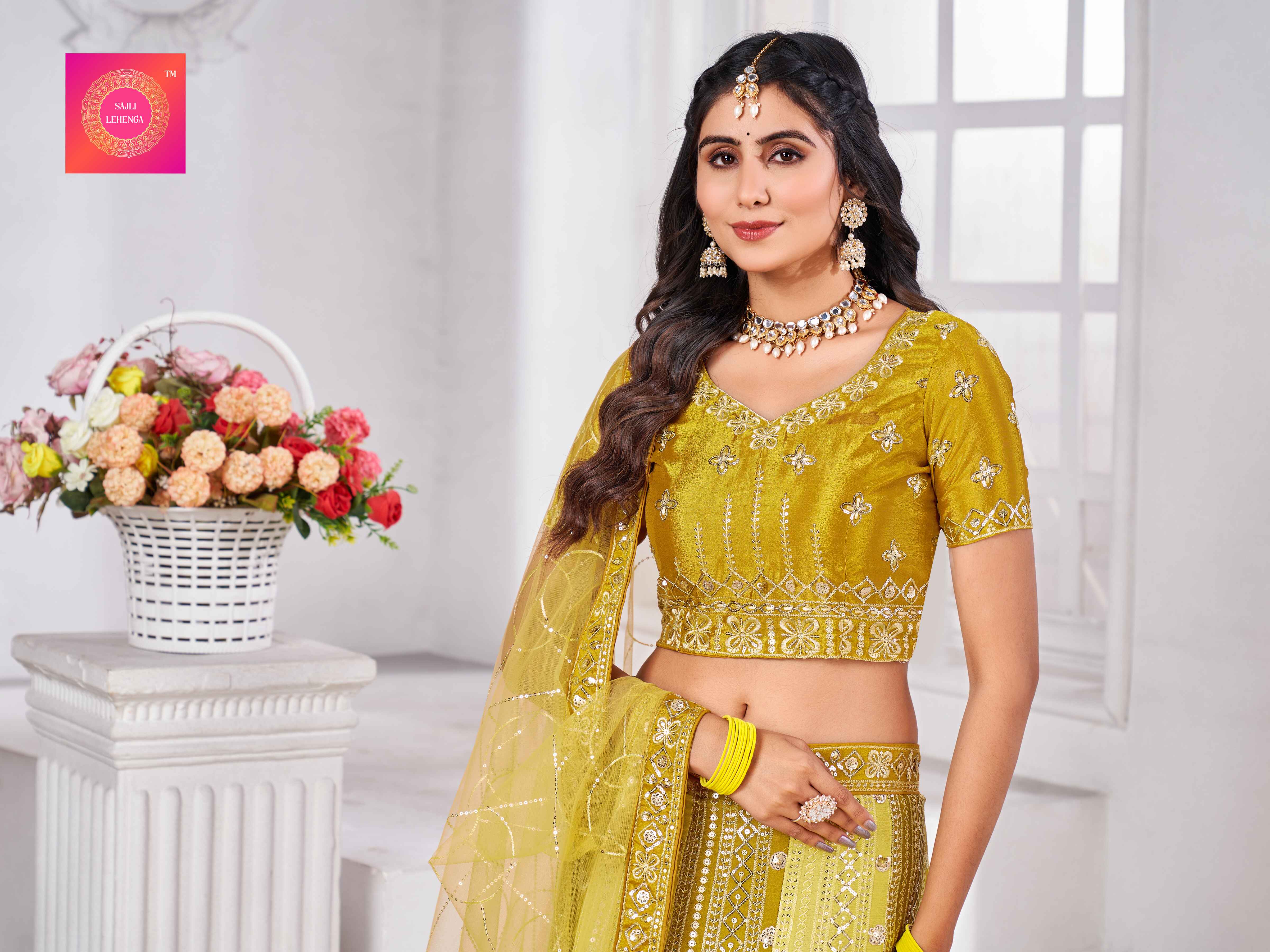 Sajli Yellow Padding Sequence work  Chinon Lehenga choli With net dupatta S21