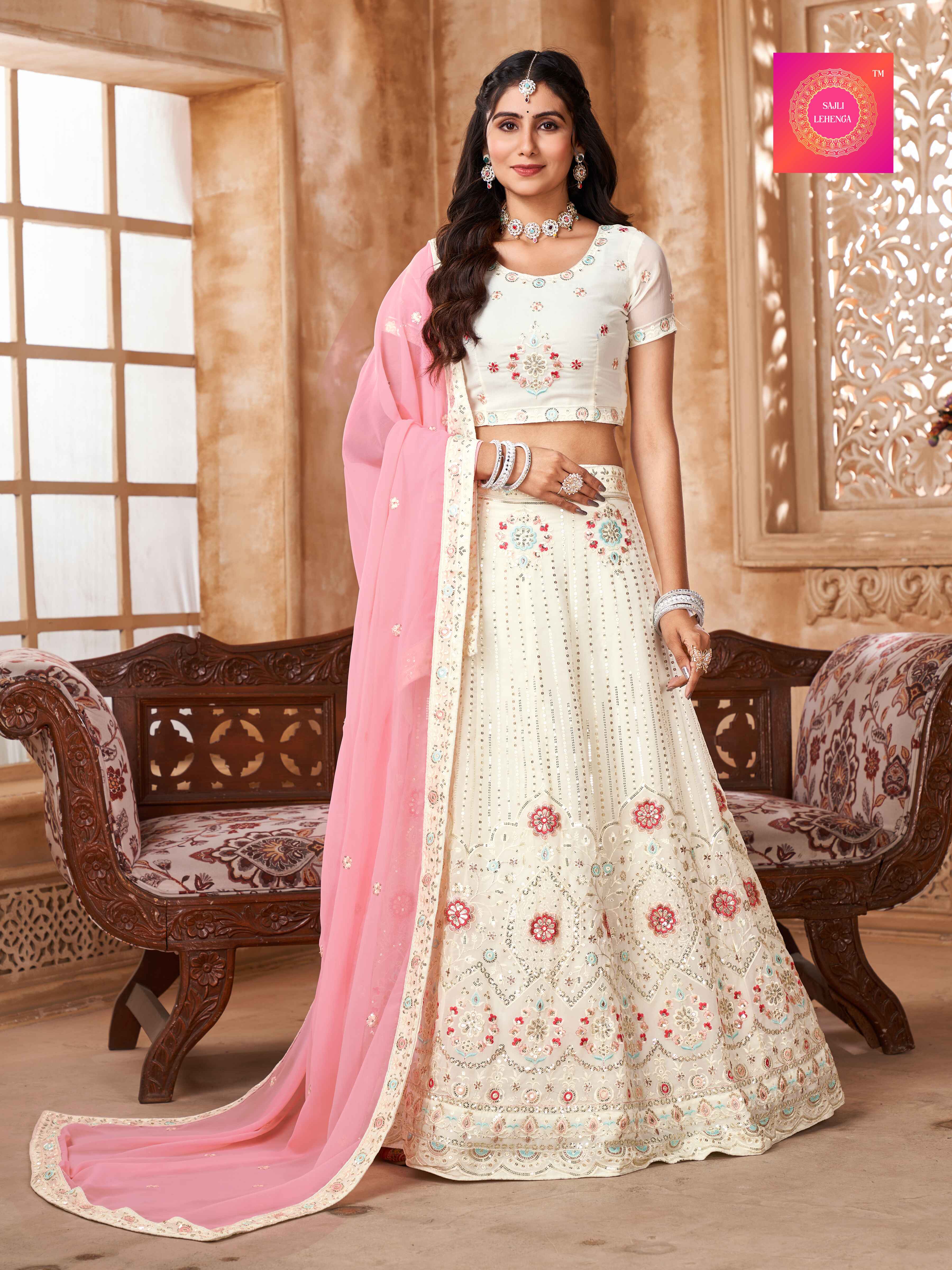 Sajli White Georgette Lehenga with Pink Georgette Dupatta S22