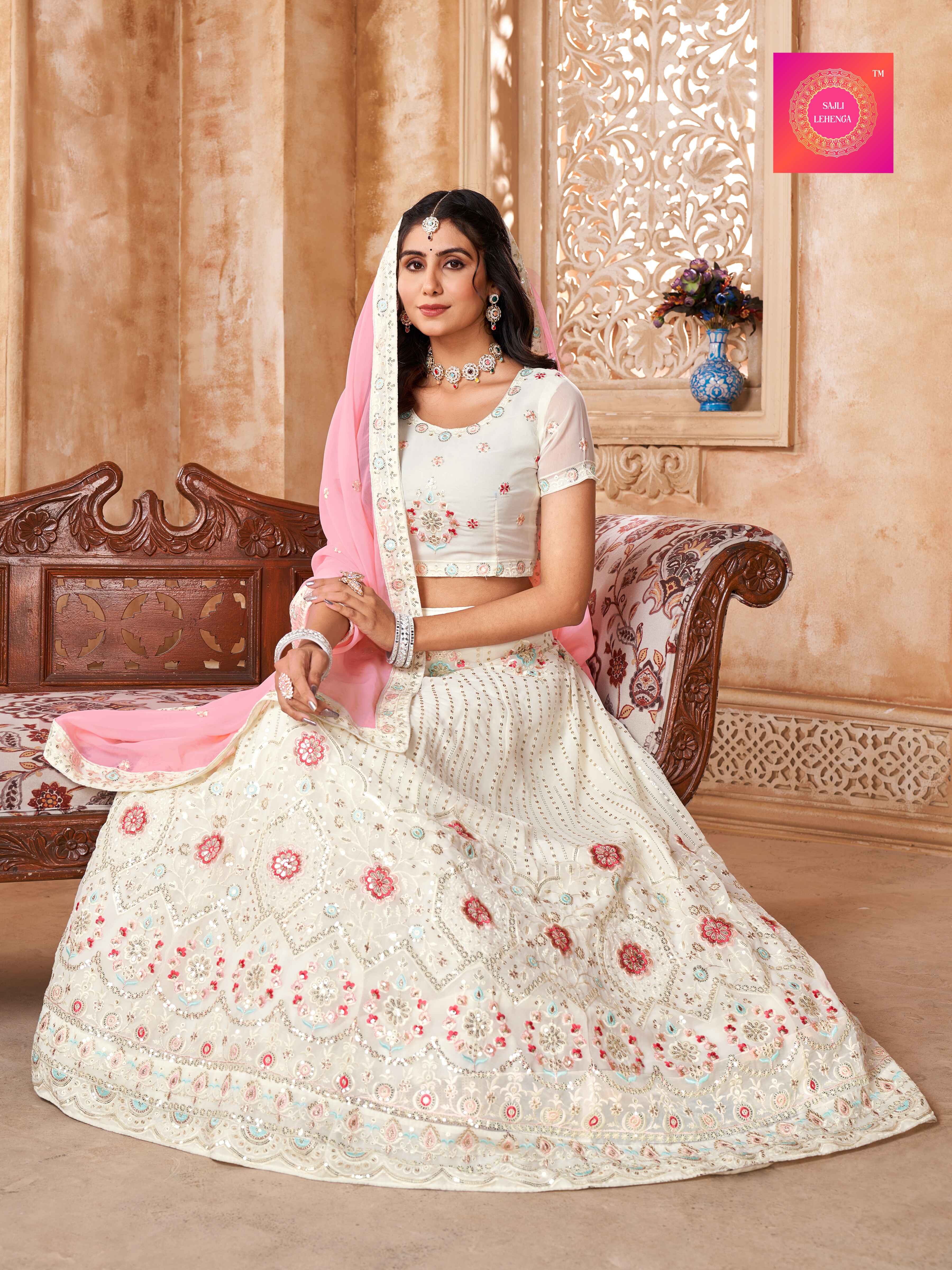 Sajli White Georgette Lehenga with Pink Georgette Dupatta S22