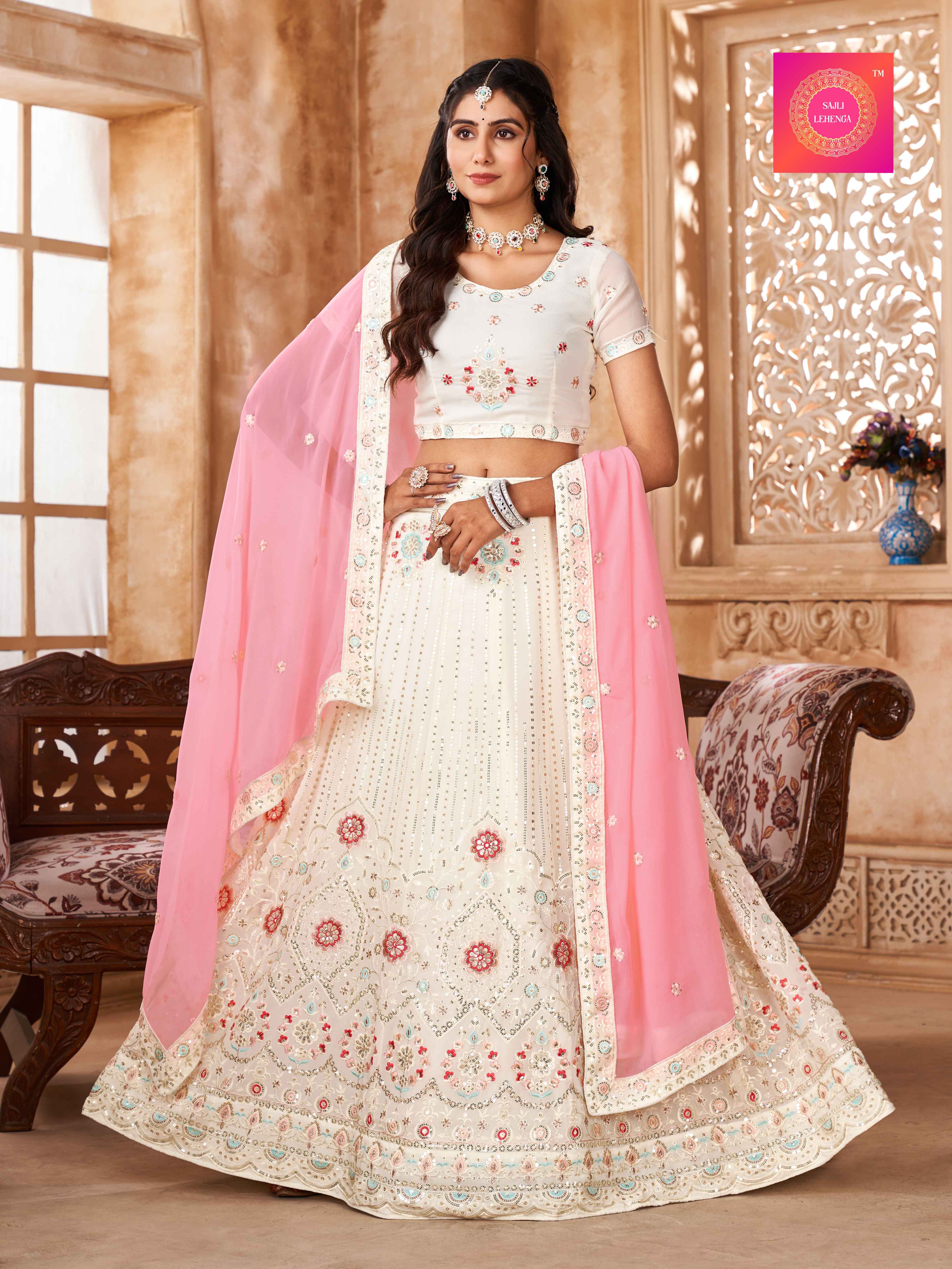 Sajli White Georgette Lehenga with Pink Georgette Dupatta S22