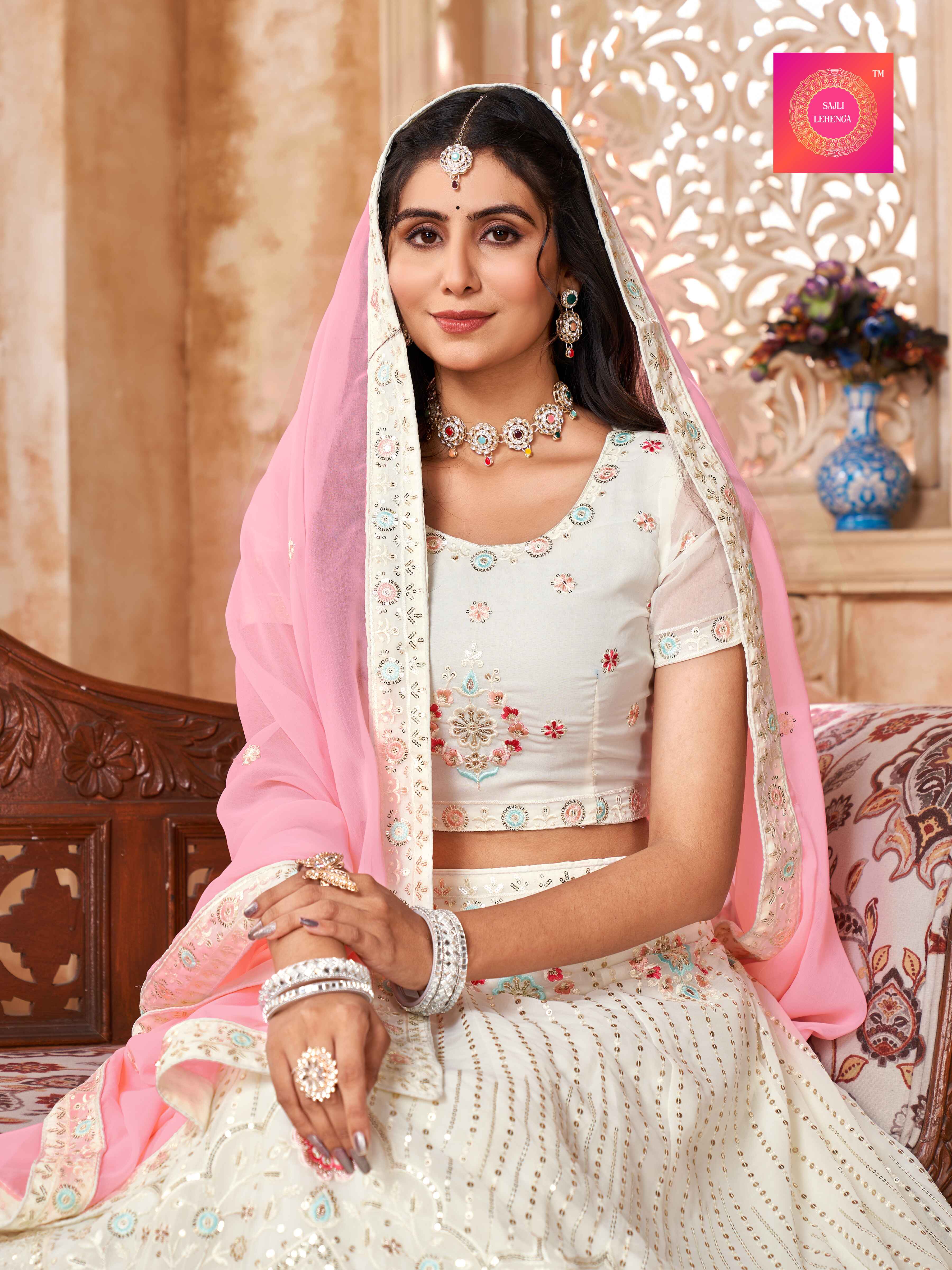 Sajli White Georgette Lehenga with Pink Georgette Dupatta S22