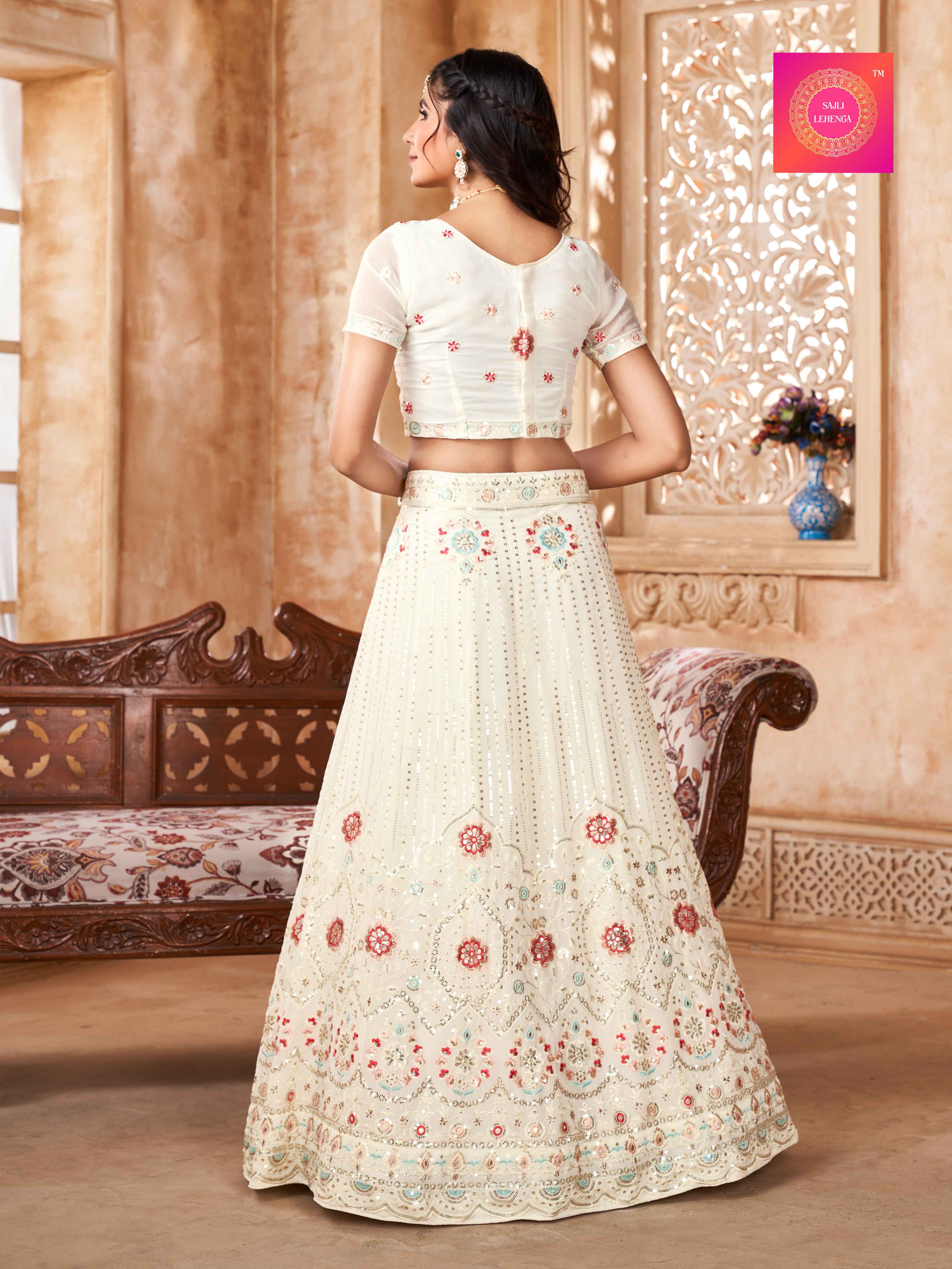 Sajli White Georgette Lehenga with Pink Georgette Dupatta S22