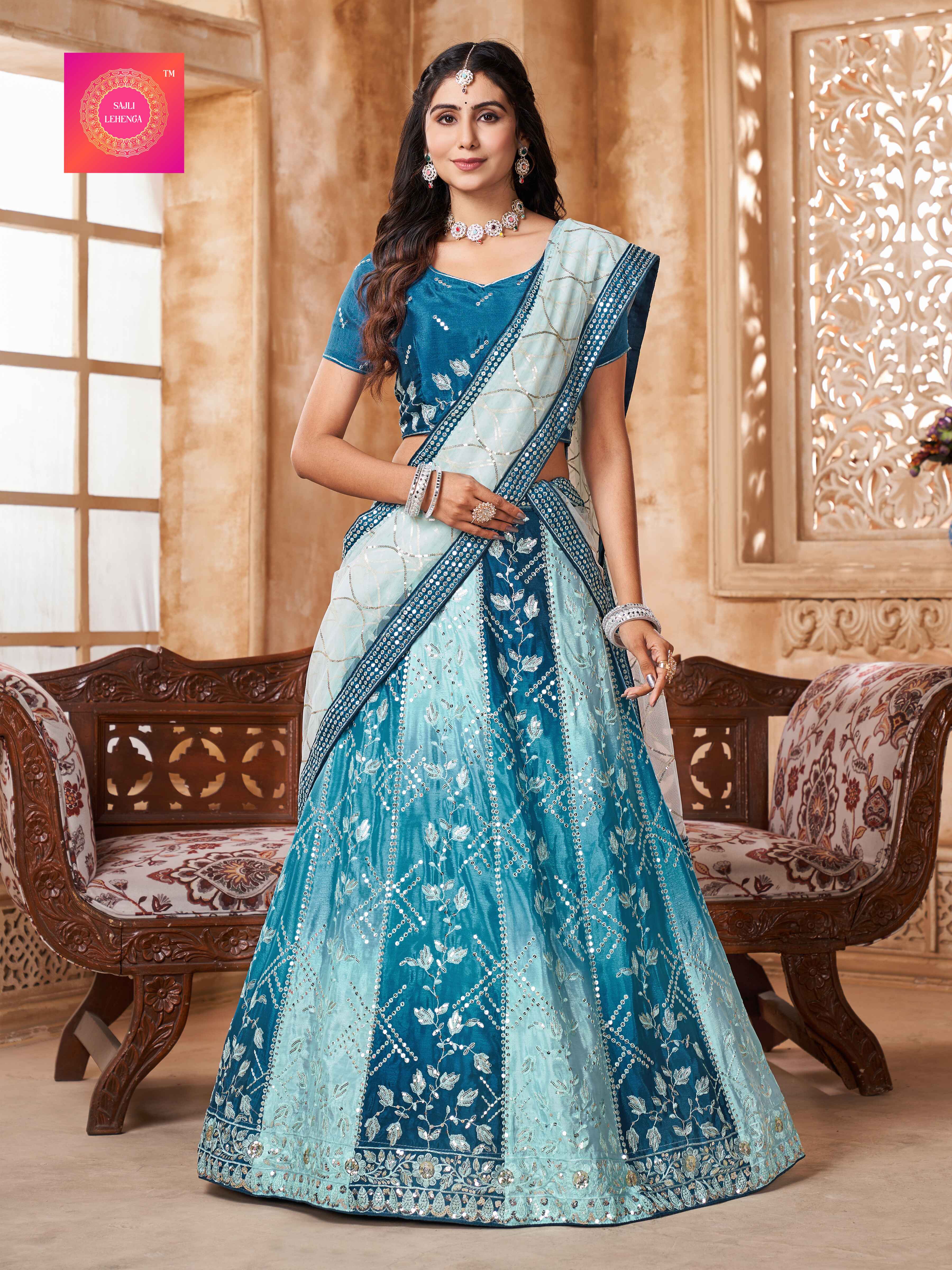 Sajli Chinon Blue Padding Lehenga Choli with Net Embroidery Dupatta set S23