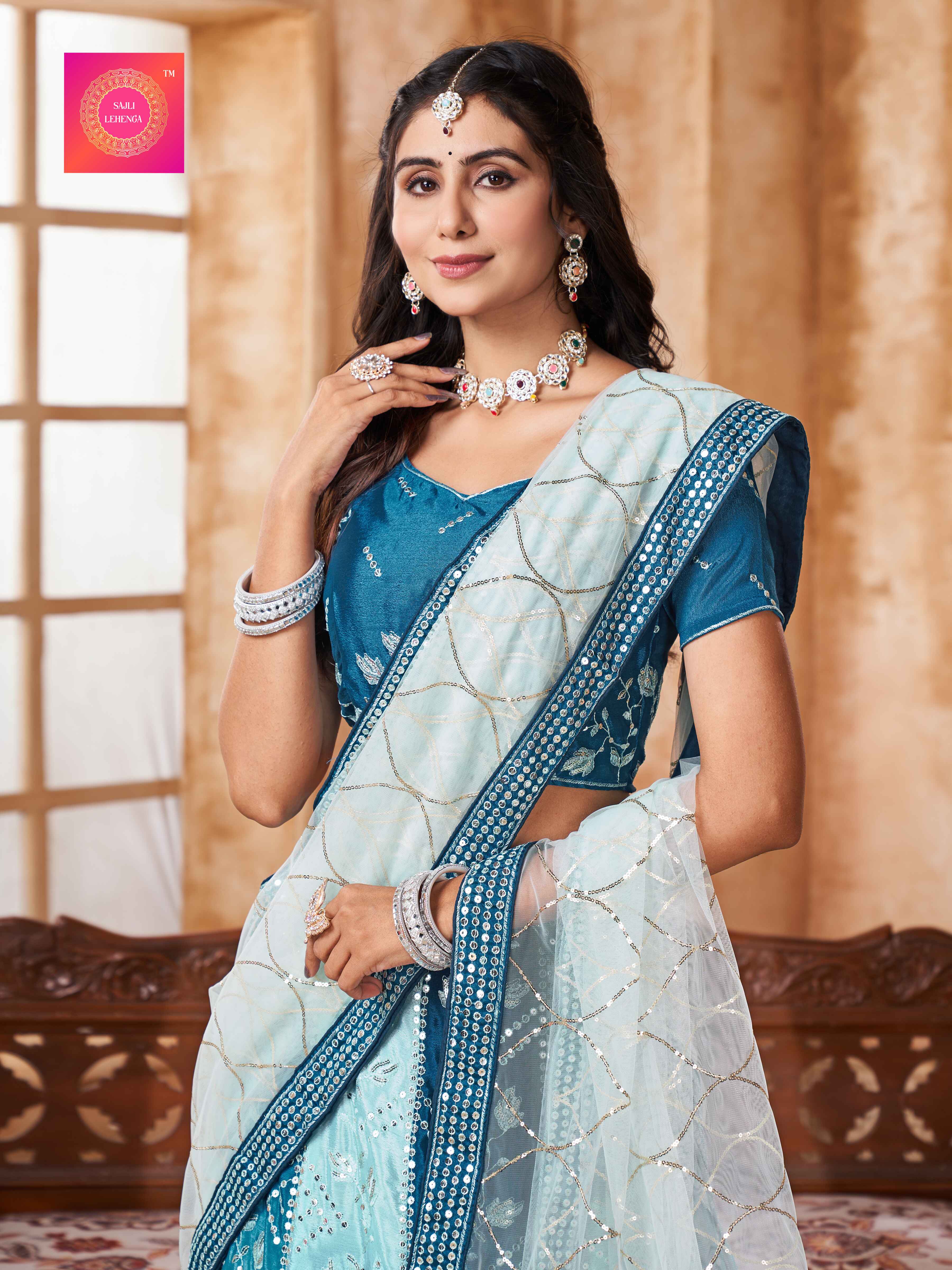 Sajli Chinon Blue Padding Lehenga Choli with Net Embroidery Dupatta set S23