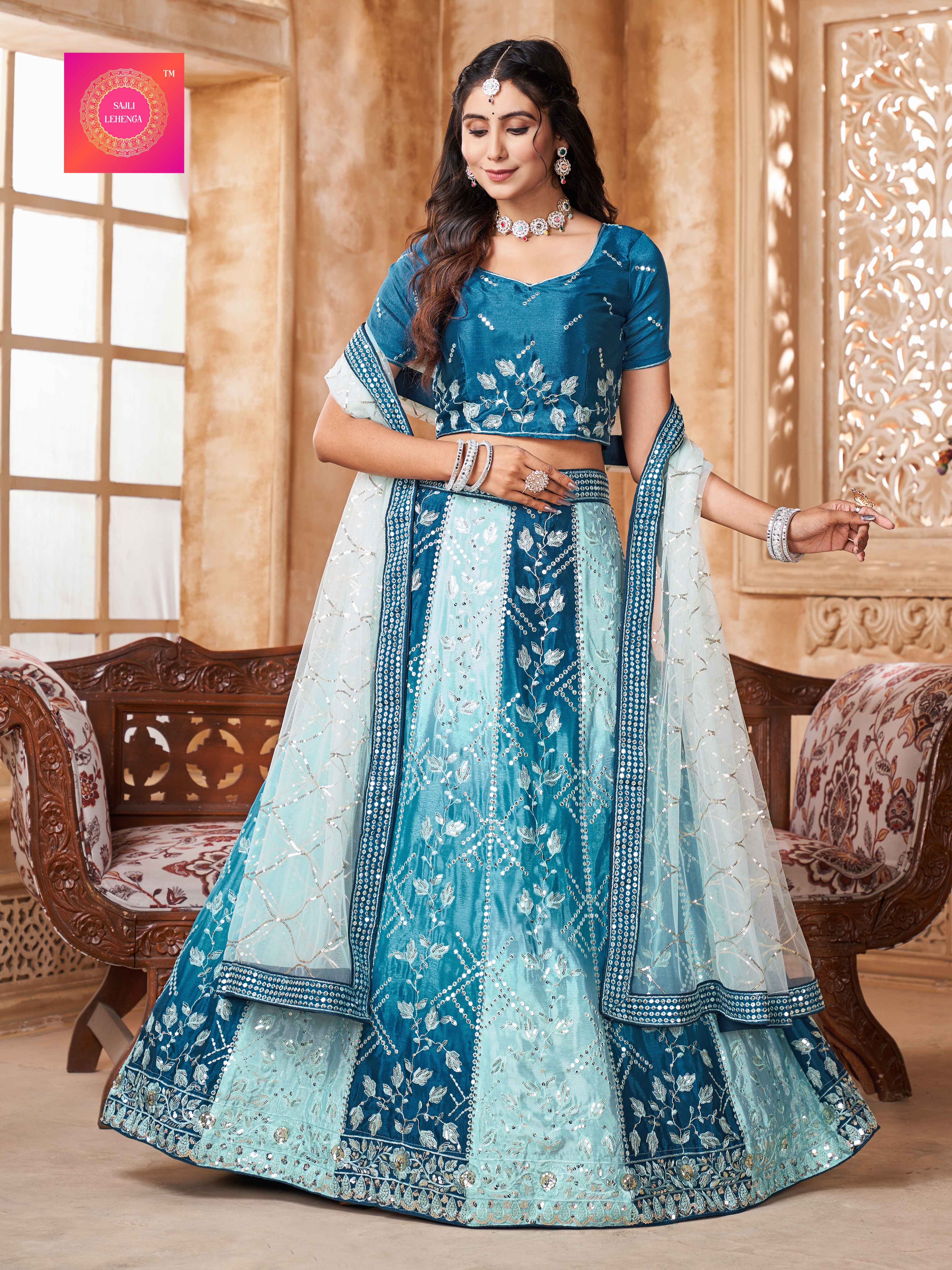 Sajli Chinon Blue Padding Lehenga Choli with Net Embroidery Dupatta set S23