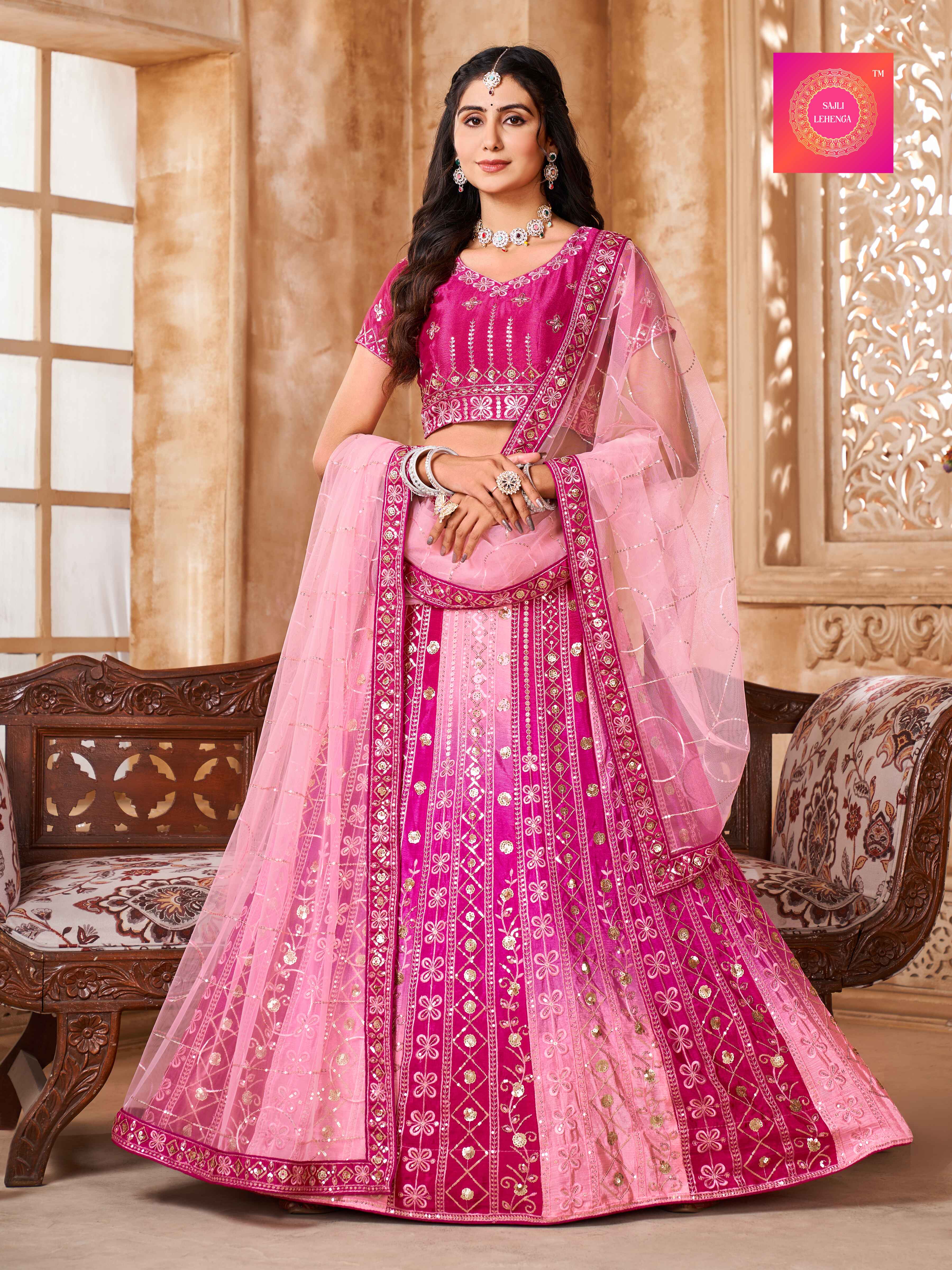 Sajli Pink Padding  Chinon Lehenga Choli with Embroidery Work Net Dupatta Set S24